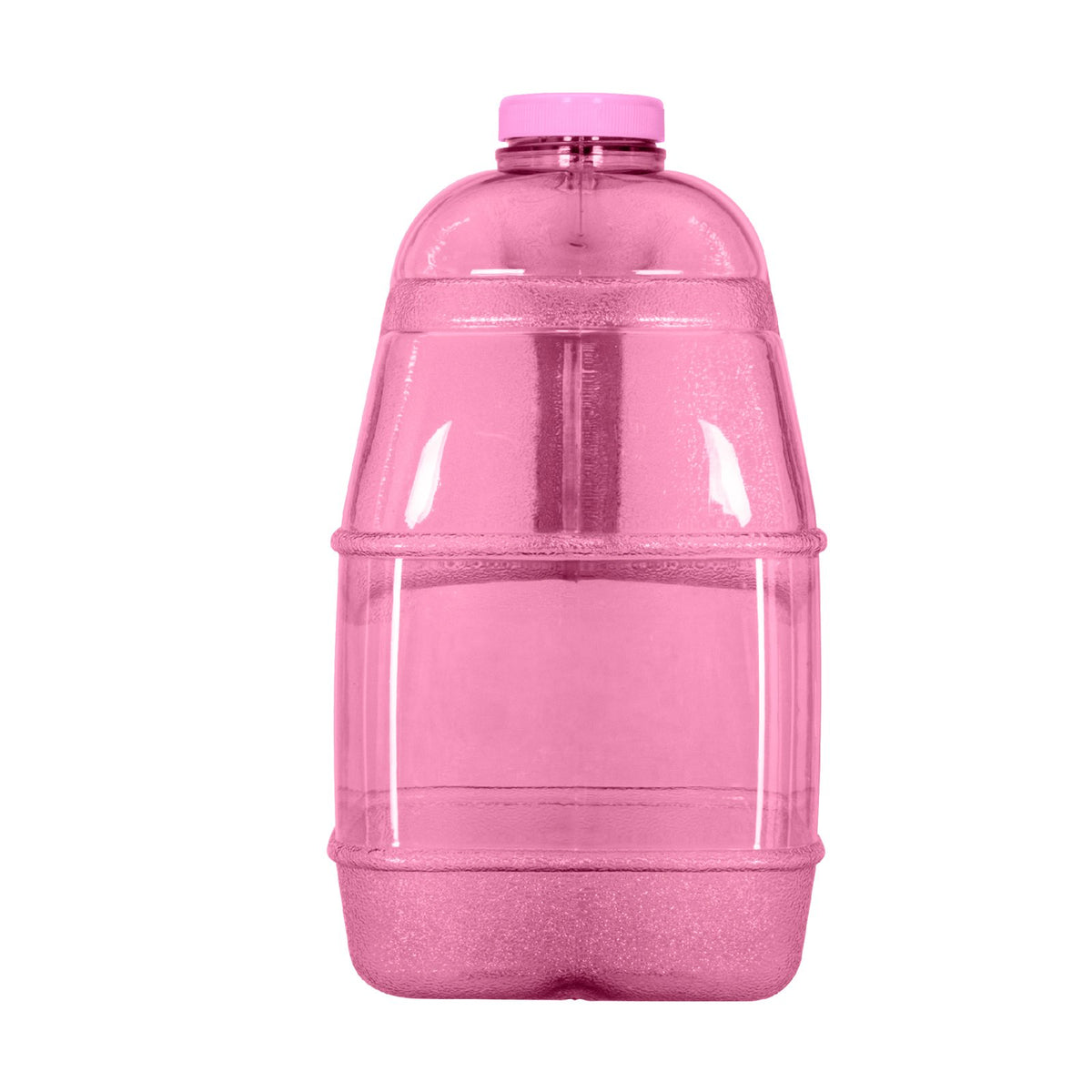 The 1 Gallon BPA Free Juice Bottle in pink (SKU: BT110JBAPK) is shown upright on a white background. This empty, reusable bottle features a matching pink cap and horizontal ridges around its body.