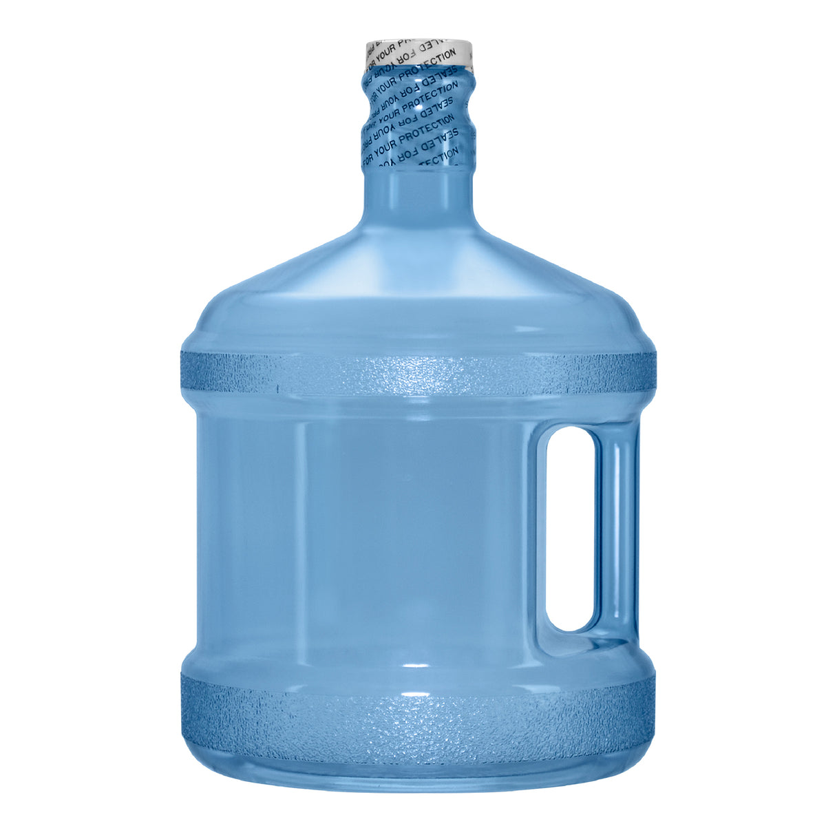 The Two Gallon Polycarbonate Plastic Reusable Water Bottle with Screw Cap is a large, transparent blue jug with a handle, designed for dispenser use. Impact resistant and upright, it comes empty against a white background.