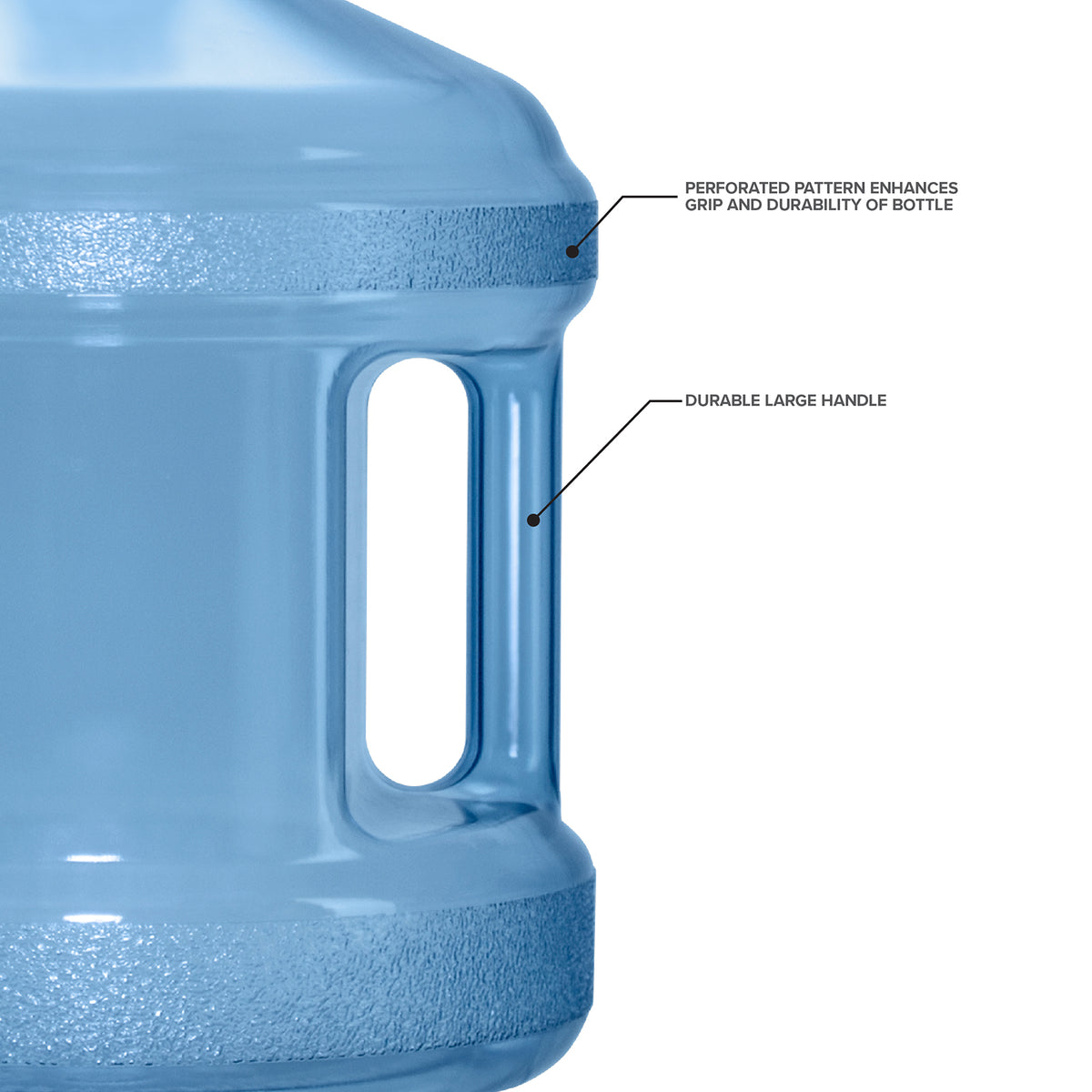 Close-up of the Two Gallon Polycarbonate Plastic Reusable Water Bottle with Screw Cap, featuring a blue finish, perforated grip pattern, durable built-in handle, easy carrying, impact resistance, and enhanced durability.