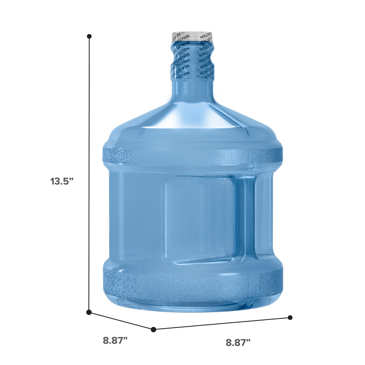 The Two Gallon Polycarbonate Plastic Reusable Water Bottle with Screw Cap, measuring 13.5" tall and 8.87" wide, is a durable, impact-resistant solution for home or office hydration needs.