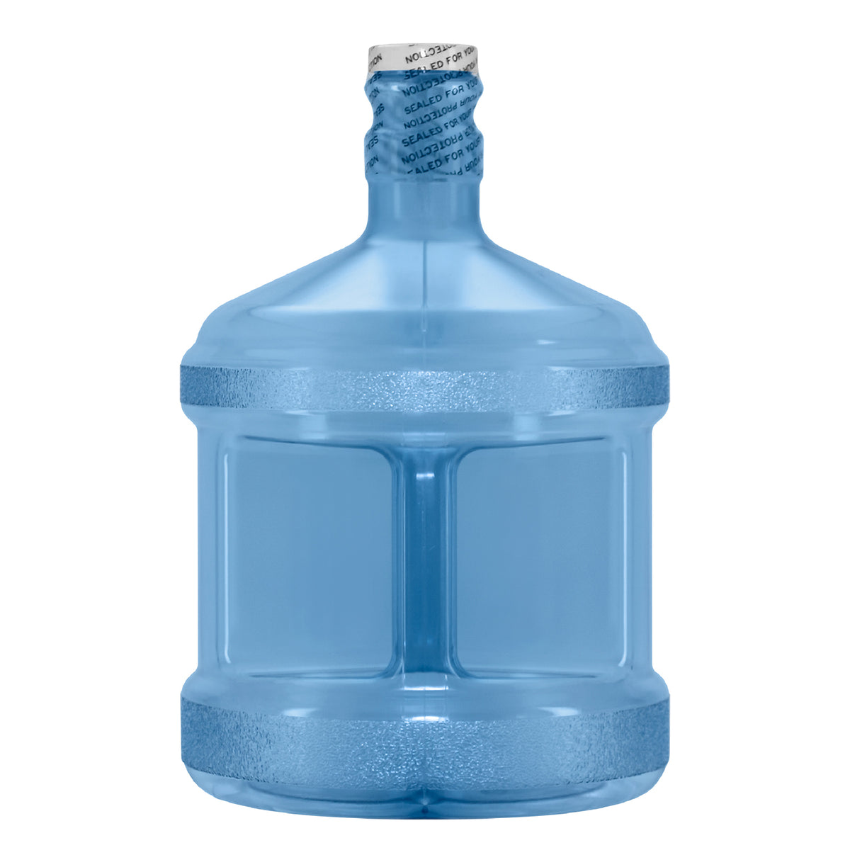 The Two Gallon Polycarbonate Plastic Reusable Water Bottle with Screw Cap is a large, translucent blue jug with a ribbed middle, impact resistance, and is empty—ideal for water dispensers.