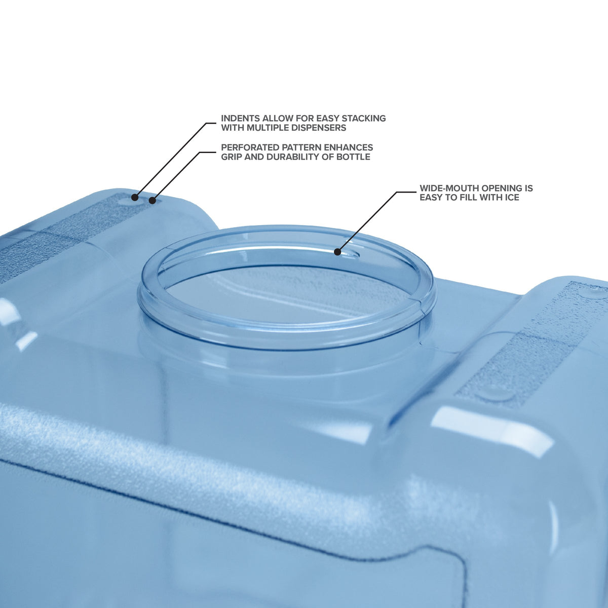Close-up of the 2-Gallon Polycarbonate Water Dispenser in blue, featuring stackable indents, a perforated grip for durability, and a wide-mouth opening for easy ice filling—ideal as a portable outdoor water jug.