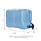 The 2-Gallon Polycarbonate Water Dispenser is blue with a black spigot, white screw cap, side handle, and measures 12.25"W x 9"H x 6.5"D. Made of durable polycarbonate for reliable, portable water storage while camping.