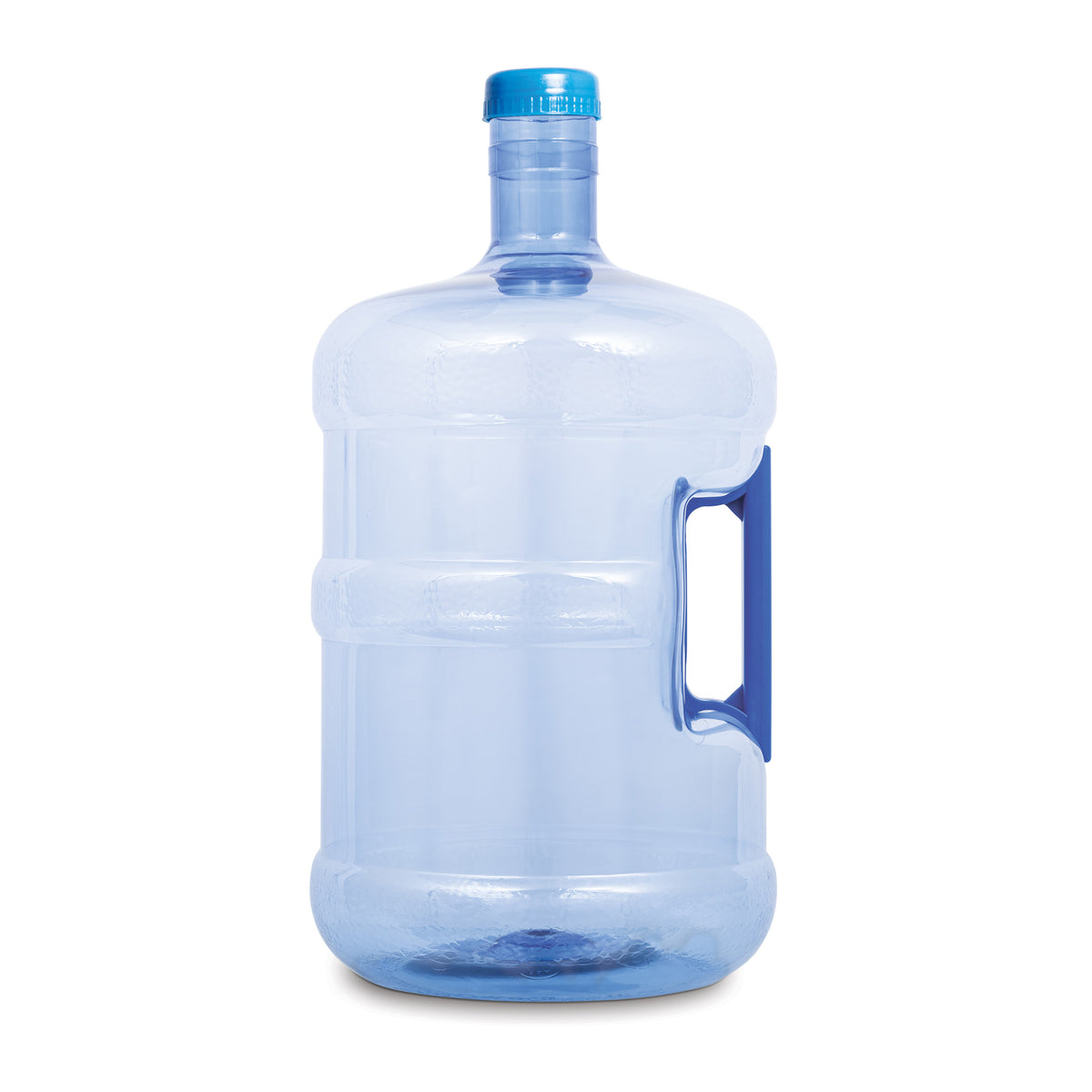 The 3-Gallon BPA-Free Water Bottle w/ Screw Cap is a large, transparent blue plastic jug with a handle, ideal for water dispensers. This empty container stands upright on a white background.