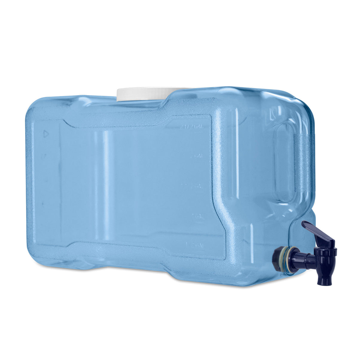 The Three Gallon Polycarbonate Plastic Refrigerator Bottle is a large rectangular blue water container with a white screw cap, black spigot, and molded handles for easy carrying—a practical, sustainable solution for water storage.