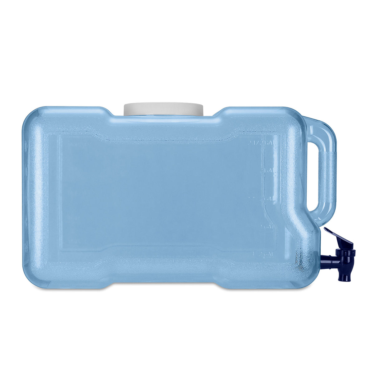 The Three Gallon Polycarbonate Plastic Refrigerator Bottle is a durable blue rectangular 3-gallon container with a white screw cap, built-in side handle, and blue spigot—perfect for sustainable water storage at home or outdoors.