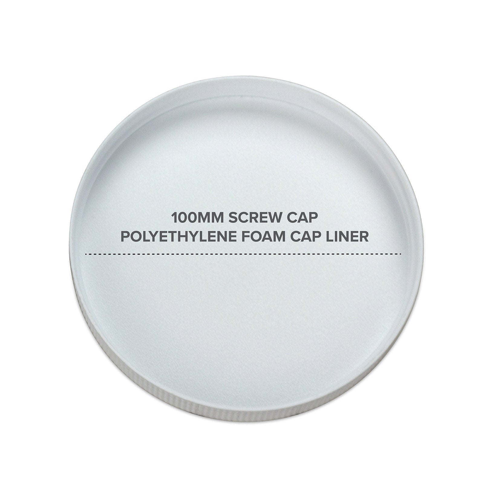 A white, circular 100mm screw cap with a smooth inner polyethylene foam liner—perfect for a Three Gallon Polycarbonate Plastic Refrigerator Bottle. The liner shows black text: "100MM SCREW CAP POLYETHYLENE FOAM CAP LINER.