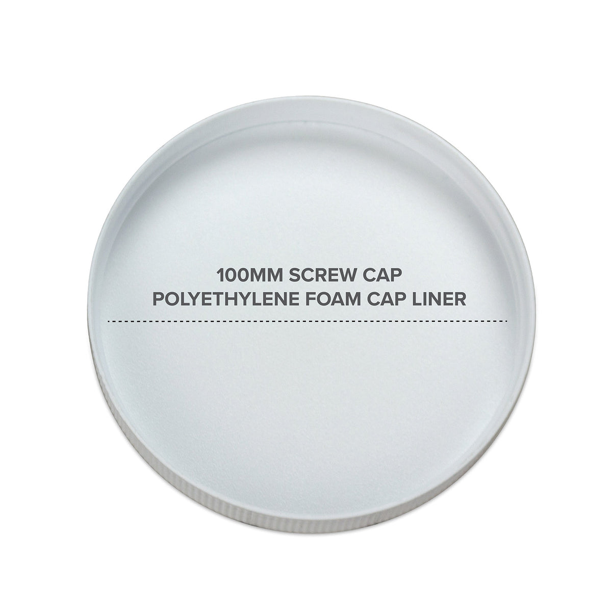 A white, circular 100mm screw cap with a smooth inner polyethylene foam liner—perfect for a Three Gallon Polycarbonate Plastic Refrigerator Bottle. The liner shows black text: "100MM SCREW CAP POLYETHYLENE FOAM CAP LINER.