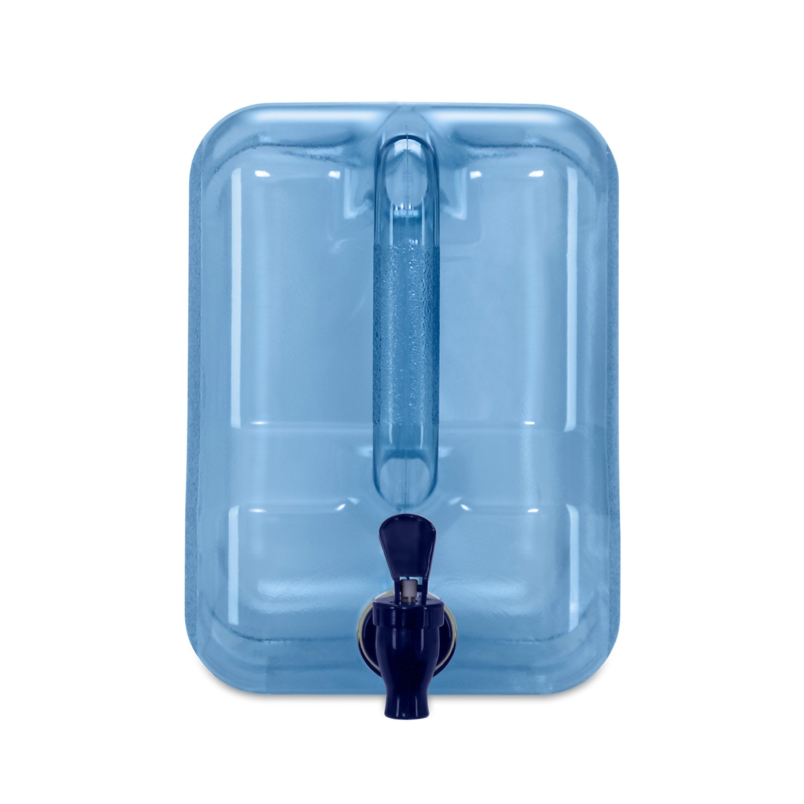 The Three Gallon Polycarbonate Plastic Refrigerator Bottle is a blue rectangular bottle with a built-in bottom-center spigot, shown from above on a white background.