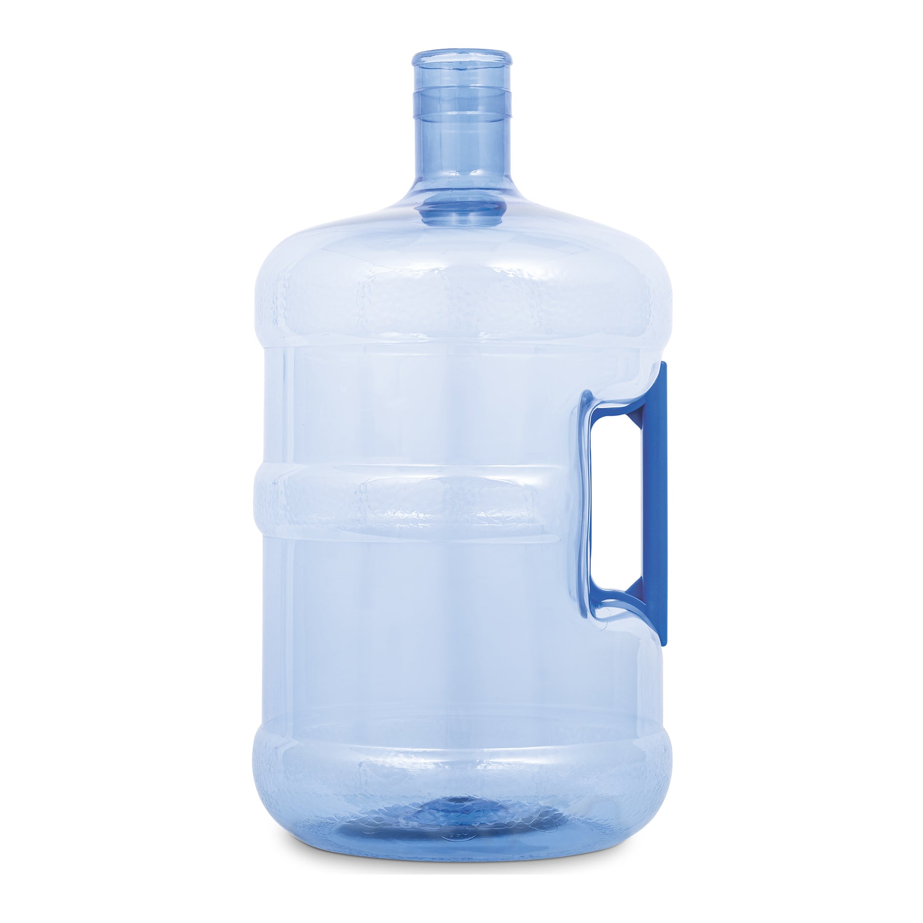 The 5-Gallon BPA-Free Water Bottle w/ Crown Top is a clear, blue-tinted bottle featuring a crown screw-top opening and a built-in blue side handle, shown upright on a white background.