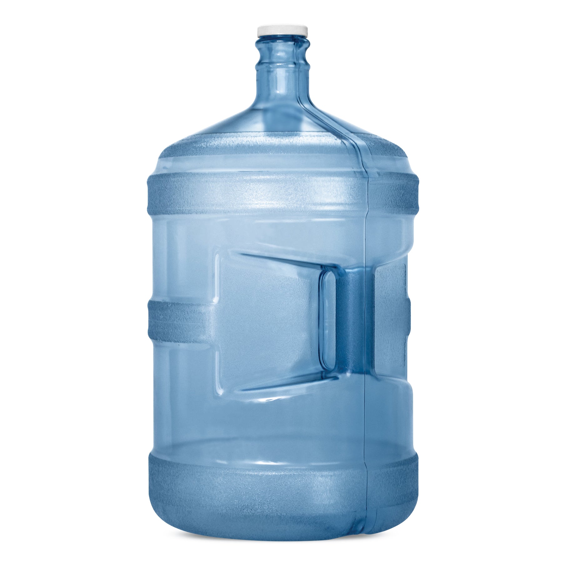 The [SJ TEST] 5-Gallon BPA-Free Water Bottle w/ Screw Cap is a large, blue, transparent jug with a white cap and built-in handle, designed for water coolers.