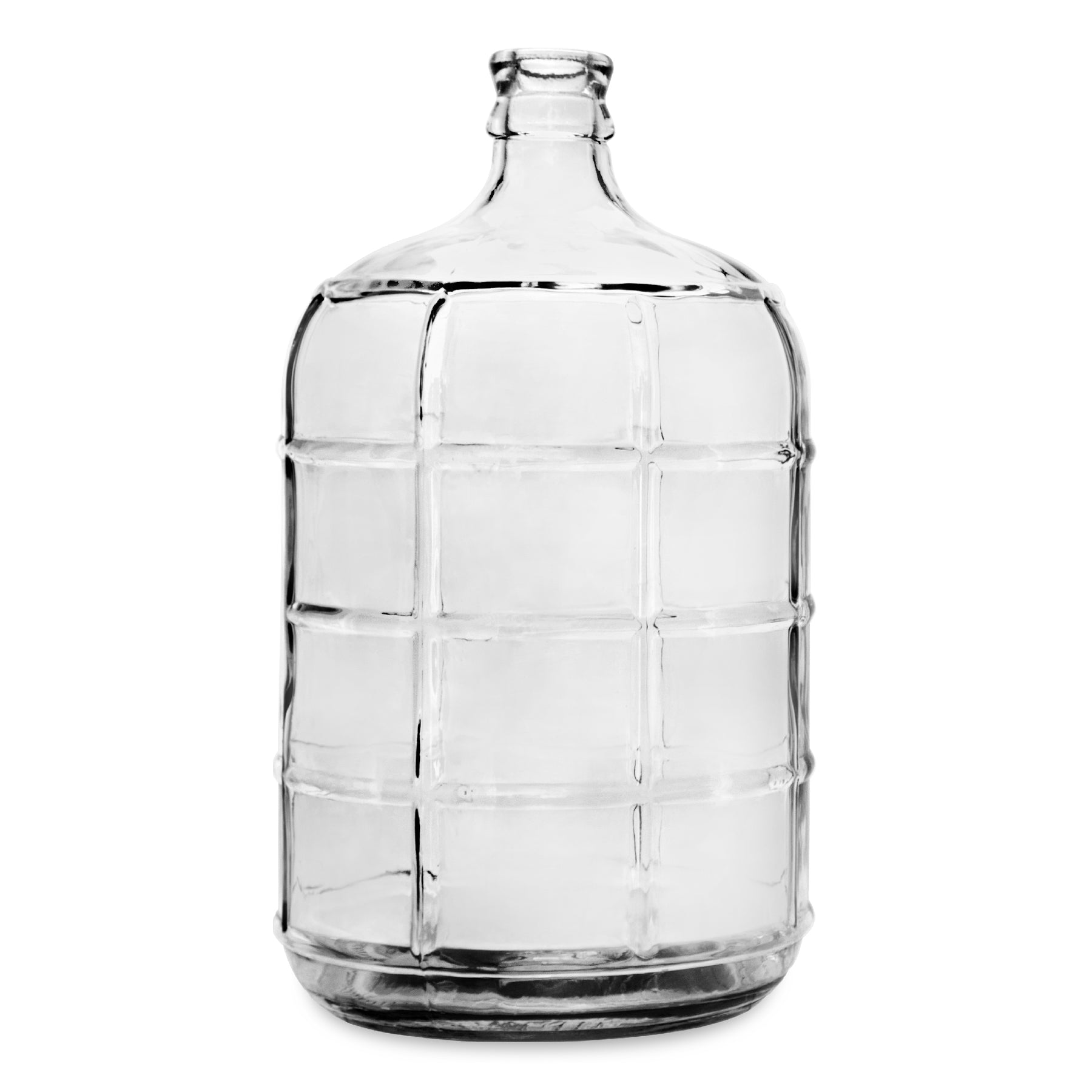 five gallon clear glass crown top bottle on white background