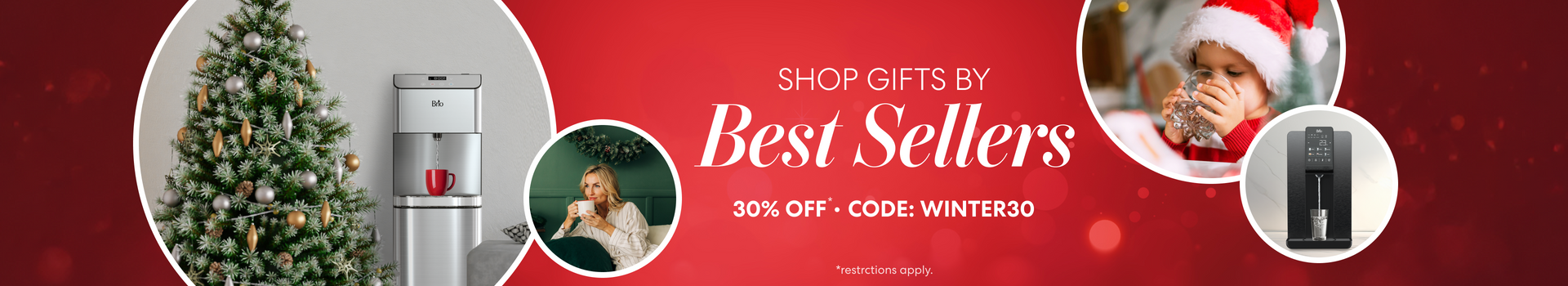 Brio Holiday 2025 Gift Guide banner with 30% off promo code WINTER30, featuring Brio water coolers and a child drinking water in festive holiday imagery.
