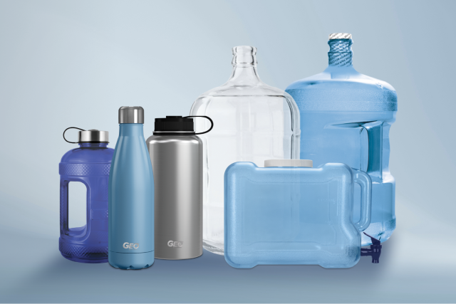 A variety of reusable water bottles and jugs in different shapes, sizes, and materials, including plastic and stainless steel, are arranged together on a light blue background.
