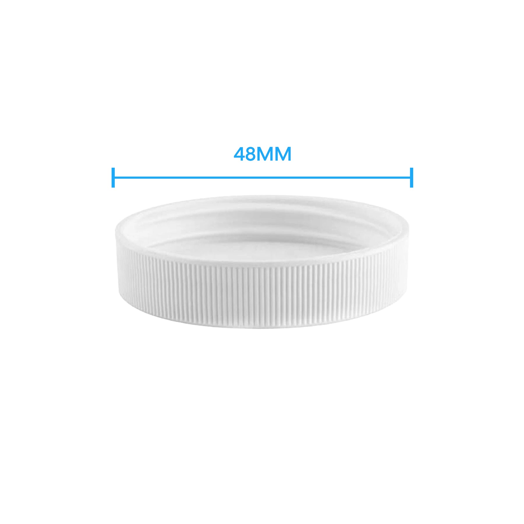 The 48MM Water Bottle Screw Cap is shown on a plain white background with a blue double-headed arrow and measurement label above, highlighting its 48mm diameter. This leak-proof, white ribbed plastic cap is ideal for replacing water bottle caps and ensures secure storage.