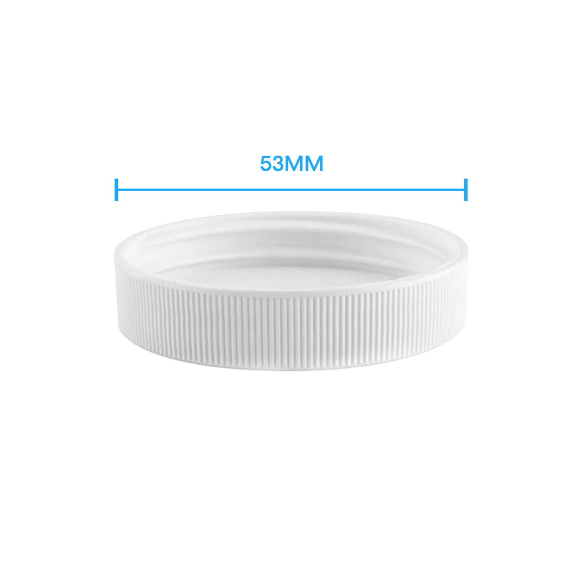 A 53MM Water Bottle Screw Cap is shown in white plastic with vertical ridges. Its 5-gallon size and leak-proof design are highlighted against a plain white background, with a blue line marking its 53mm diameter.