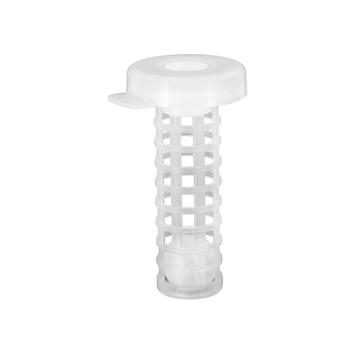 The 55MM No-Spill Cap Display Package for Screw Neck Water Bottles is a white cylindrical plastic filter with a grid pattern and round no-spill cap, designed for fluid or air filtration, shown on a plain white background.