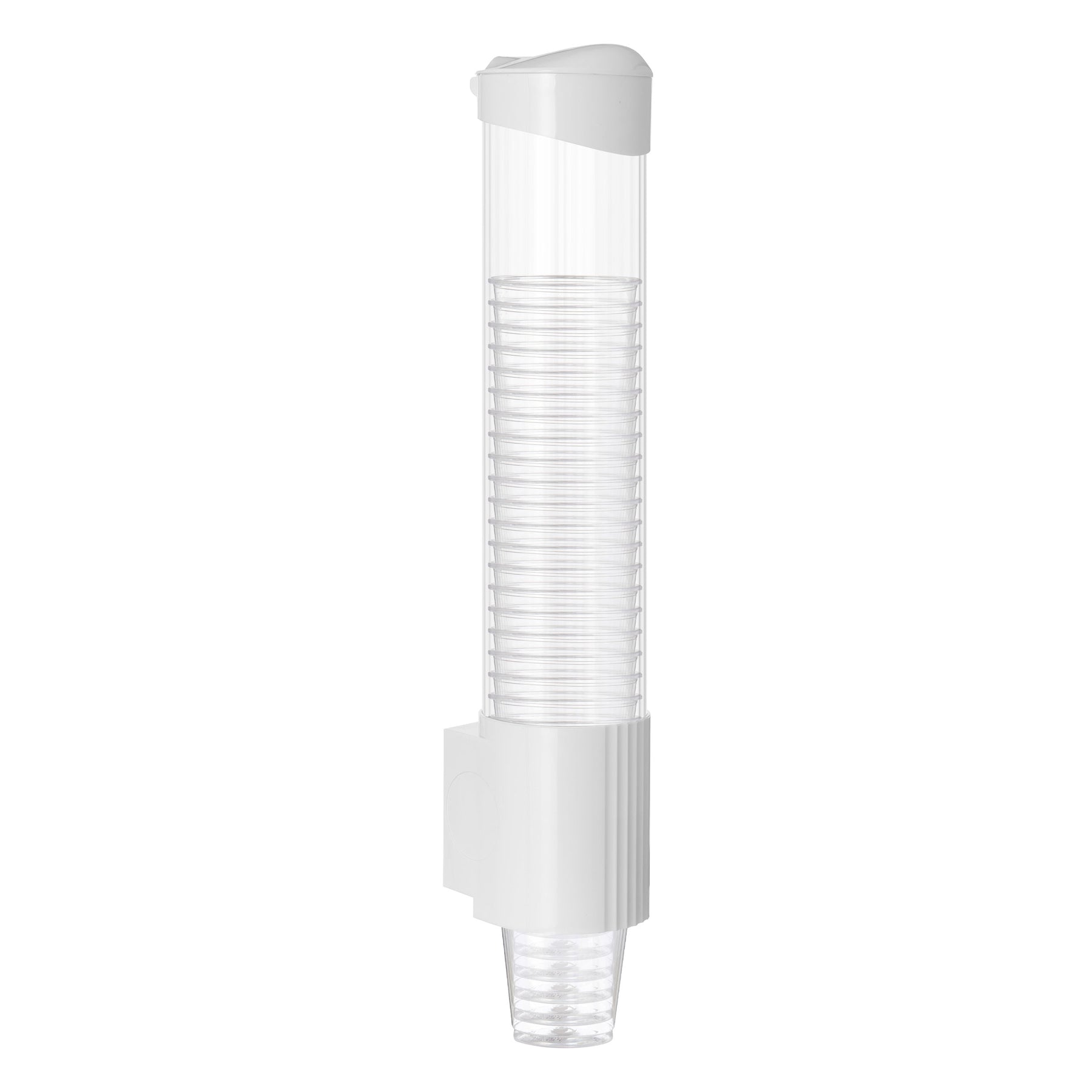 The White Cup Dispenser, compatible with 5 to 7oz flat bottom or 3 to 4oz cone cups, is a wall-mounted holder with a transparent design and white lid, keeping stacked drinking cups organized and accessible—ideal for any water cooler station.