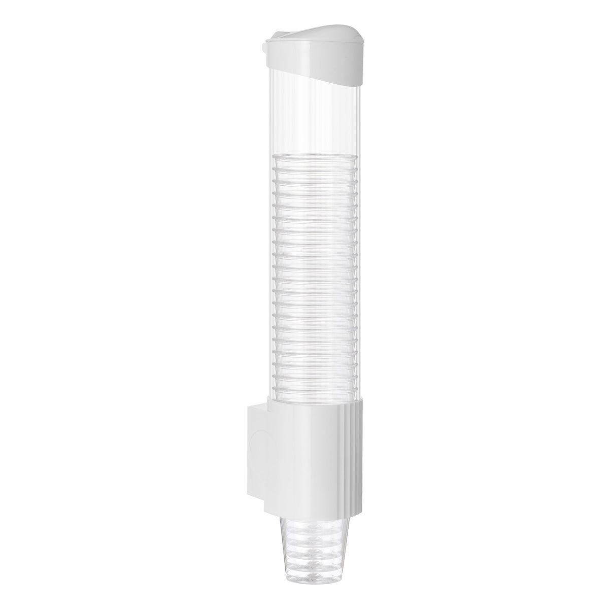 The White Cup Dispenser, compatible with 5 to 7oz flat bottom or 3 to 4oz cone cups, is a wall-mounted holder with a transparent design and white lid, keeping stacked drinking cups organized and accessible—ideal for any water cooler station.