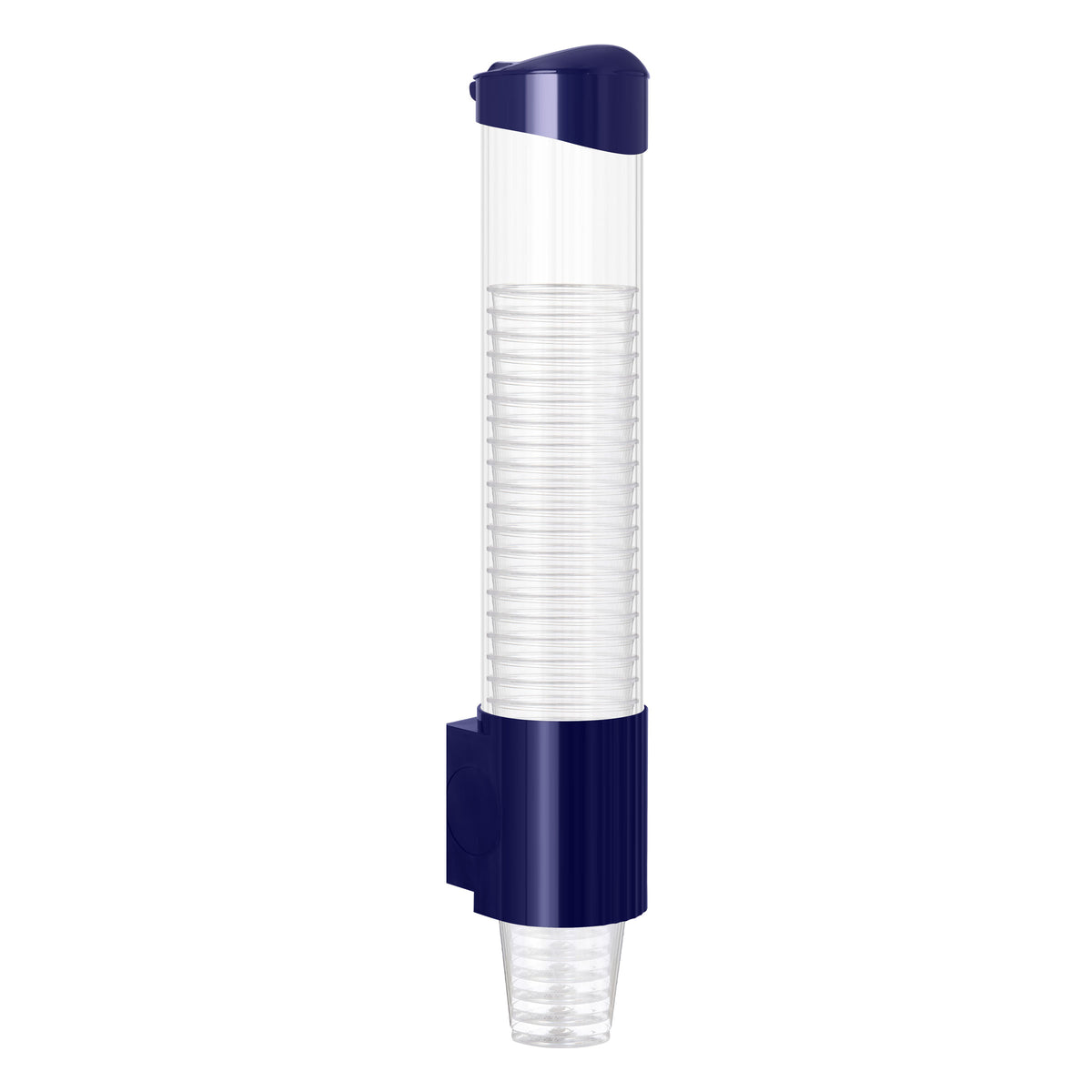 The Cup Dispenser - Blue is a wall-mounted, clear plastic cup holder with a blue top and base, designed to store and dispense a stack of transparent cups within its cylindrical container—making it an ideal accessory for any water cooler or Brio hydration station.