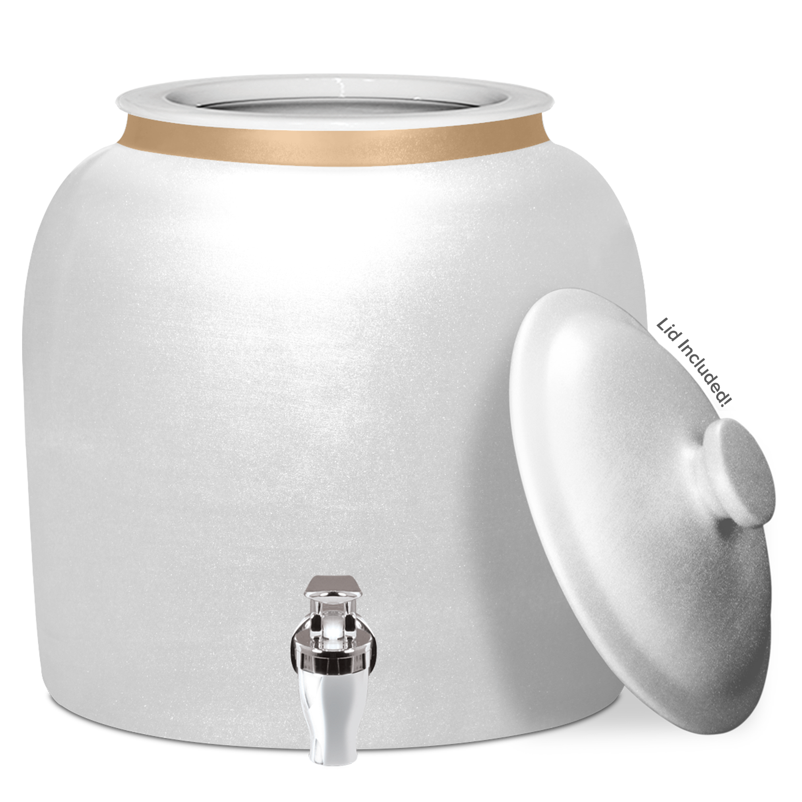 The GEO Ceramic Crock Water Dispenser – Polished Porcelain is a large BPA-free dispenser with a metal spigot and a matching domed lid, labeled "Lid Included.