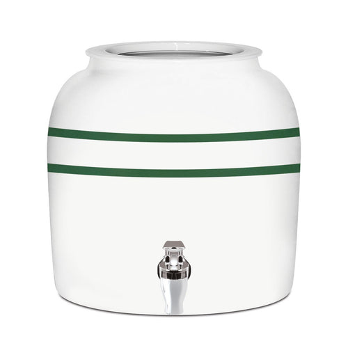 The GEO Porcelain Ceramic Crock Water Dispenser - Green Stripe is a BPA-free ceramic dispenser with two green stripes and a metal spigot, ideal for use with 5-gallon water bottles.