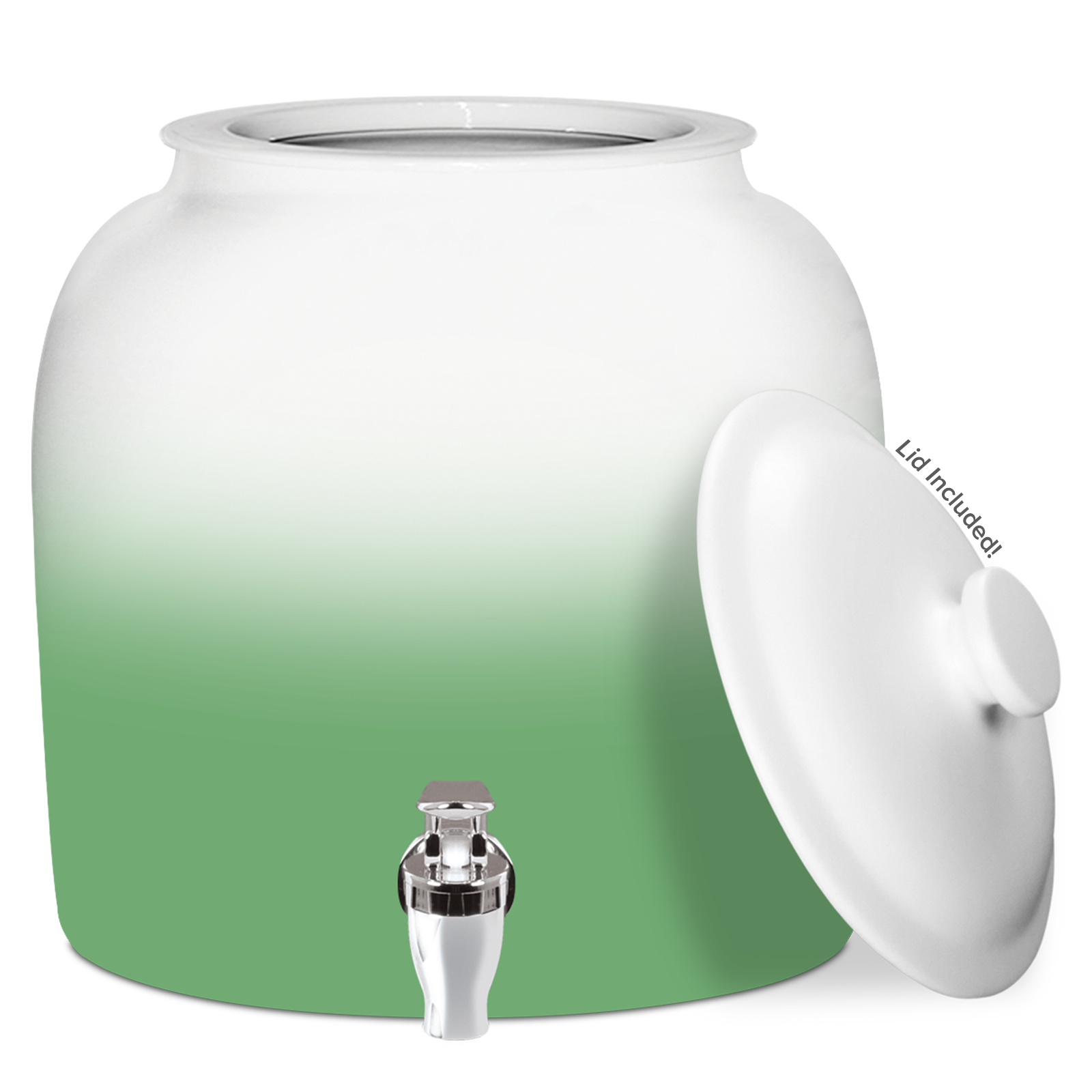 The GEO Porcelain Ceramic Crock Water Dispenser – Gradient Colors features a large BPA-free ceramic design with a green and white gradient, silver spigot at the base, and a matching white lid placed to the side.