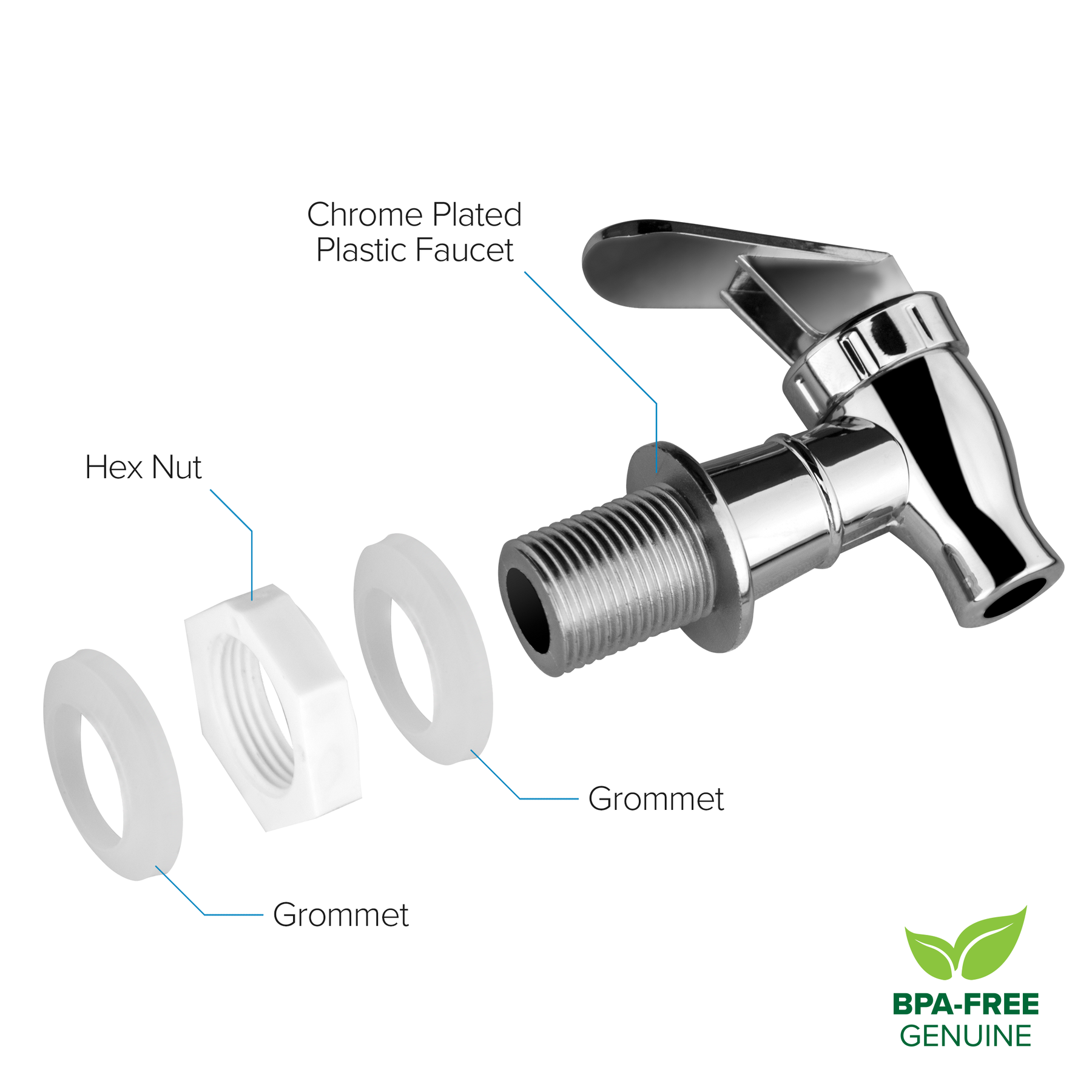 A labeled diagram shows a chrome-plated plastic faucet with handle for the GEO Porcelain Ceramic Crock Water Dispenser – Gradient Colors. Separated parts: hex nut, two grommets. BPA-free genuine label in bottom right corner.