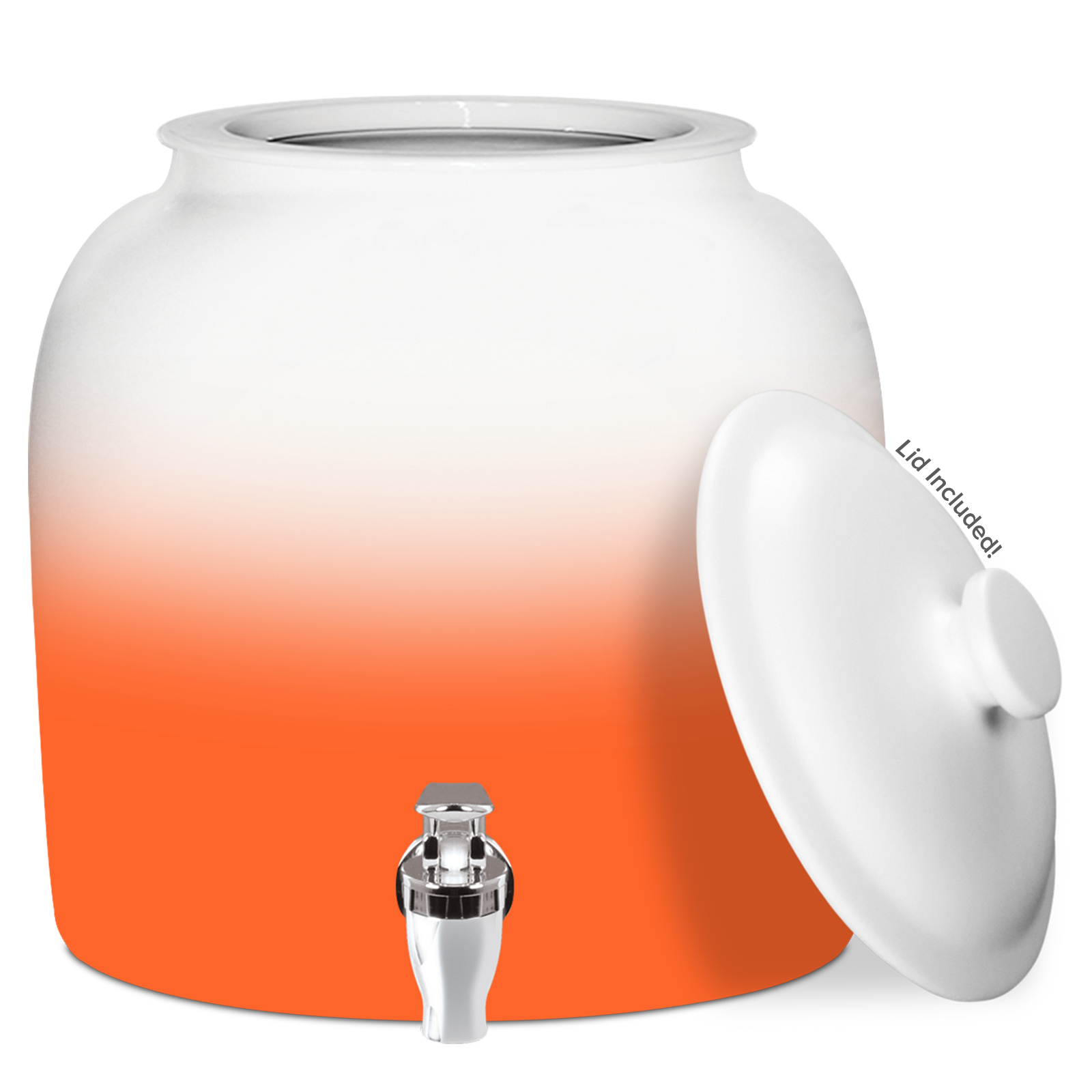 The GEO Porcelain Ceramic Crock Water Dispenser features a white-to-orange gradient design, a BPA-free metal spigot, and comes with a matching white lid labeled "Lid Included.