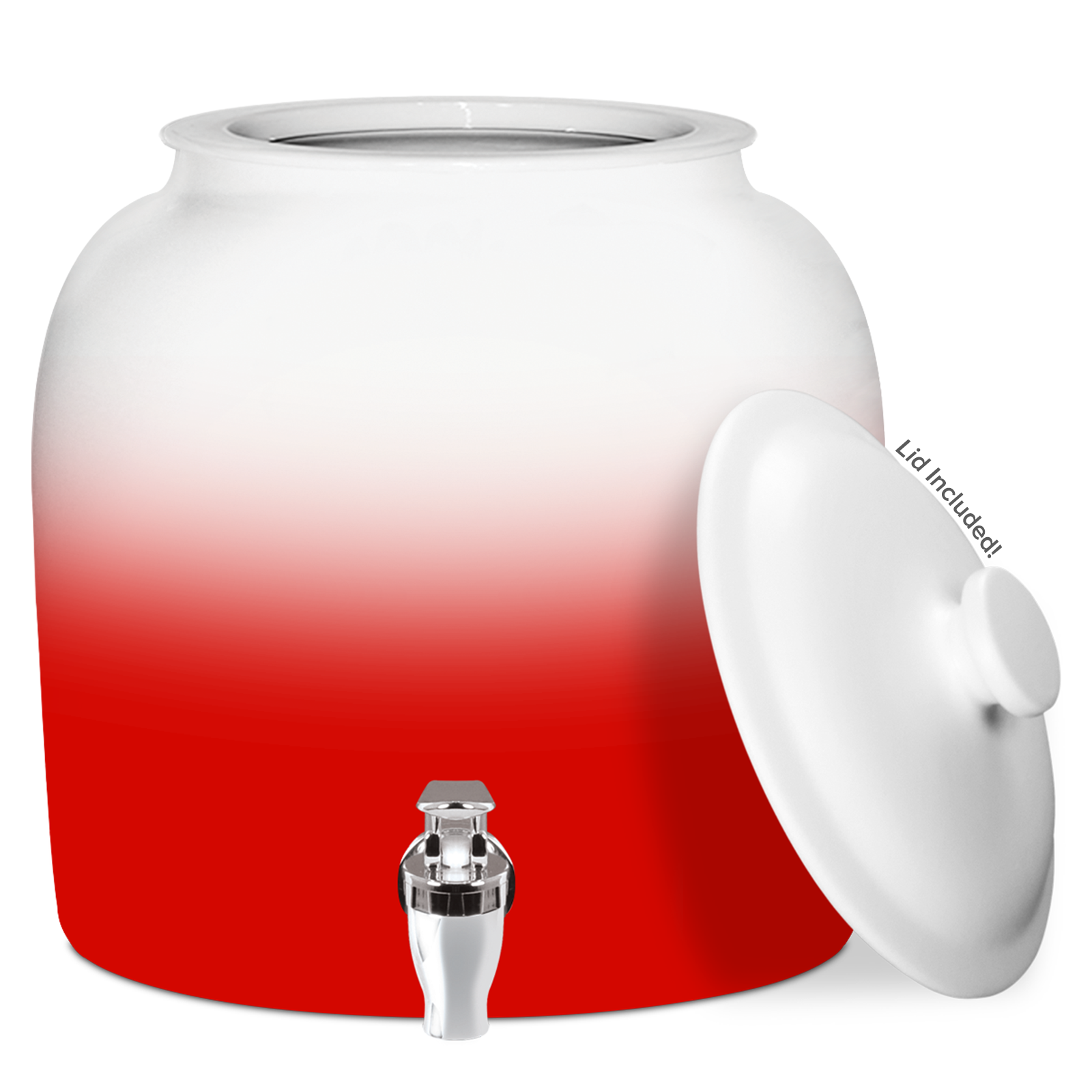 The GEO Porcelain Ceramic Crock Water Dispenser – Gradient Colors is a large BPA-free ceramic dispenser with a red and white gradient, silver front spigot, and matching white lid (labeled "Lid Included") placed to the side.