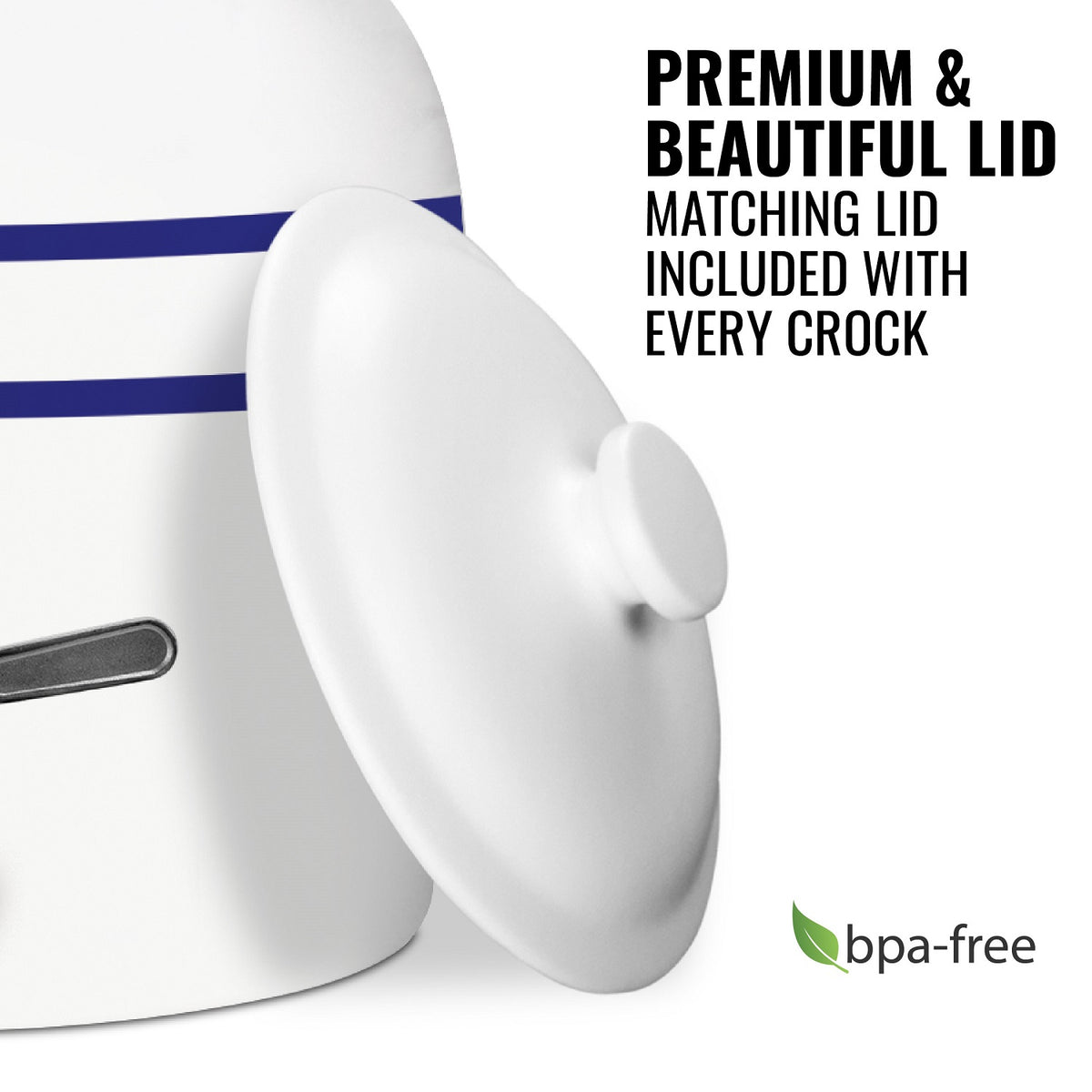 Close-up of the GEO Porcelain Ceramic Crock Water Dispenser w/ Stand - Blue Stripe, featuring a matching white lid with a blue stripe. Text reads: Premium & beautiful lid. Every crock includes this matching lid. A BPA-free logo with a green leaf appears at the bottom right, and this elegant design complements any wooden stand perfectly.