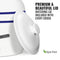 Close-up of the GEO Porcelain Ceramic Crock Water Dispenser w/ Stand - Blue Stripe, featuring a matching white lid with a blue stripe. Text reads: Premium & beautiful lid. Every crock includes this matching lid. A BPA-free logo with a green leaf appears at the bottom right, and this elegant design complements any wooden stand perfectly.