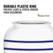 The GEO Porcelain Ceramic Crock Water Dispenser with Stand in Blue Stripe features a white container accented by blue stripes and includes a visible, durable BPA-free plastic ring at the top to prevent leaks and stress cracks. Ideal for use with ceramic water crocks or displayed on a wooden stand.