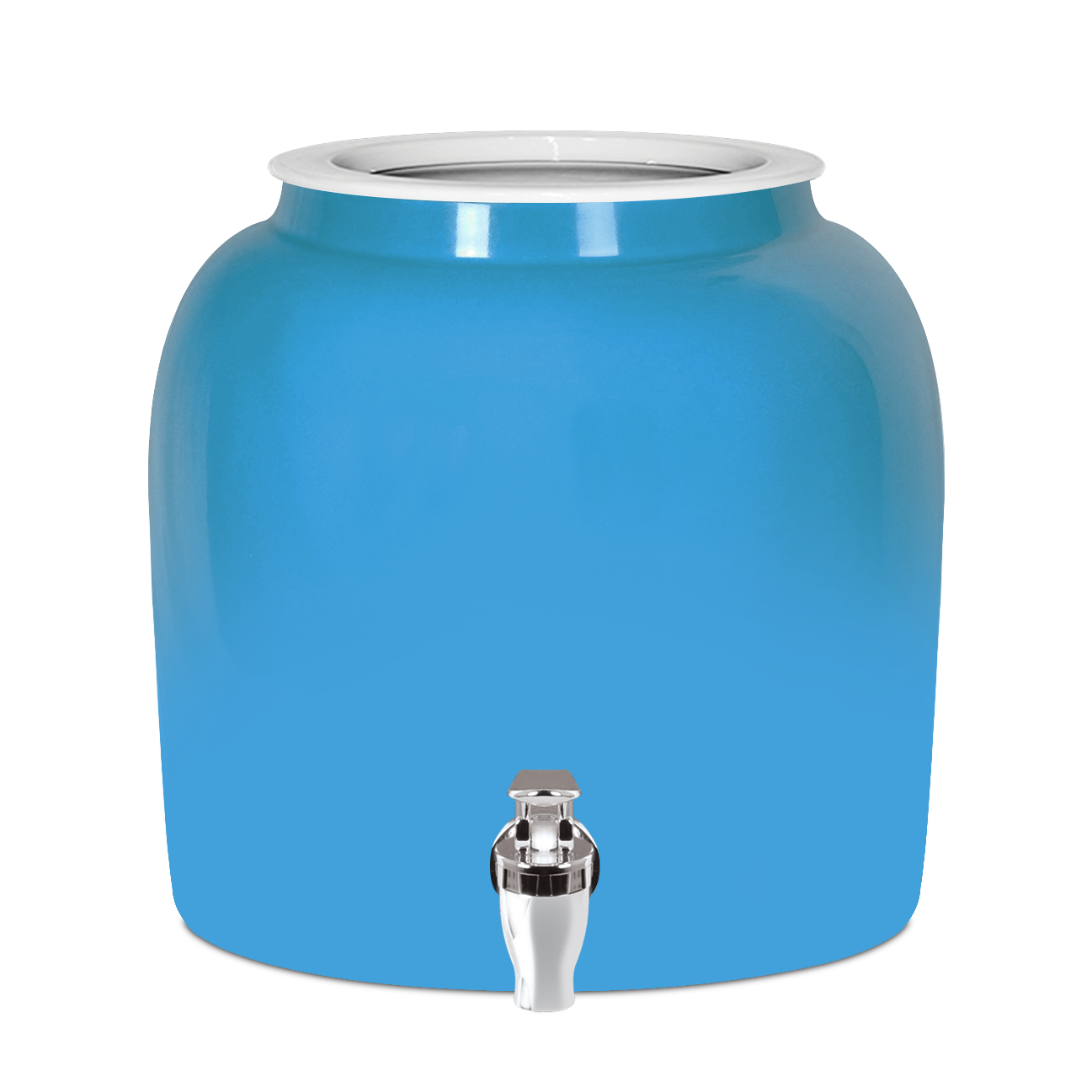 The GEO Porcelain Ceramic Crock Water Dispenser in blue features a large, round BPA-free body with a white rim and silver spigot, displayed against a plain white background.