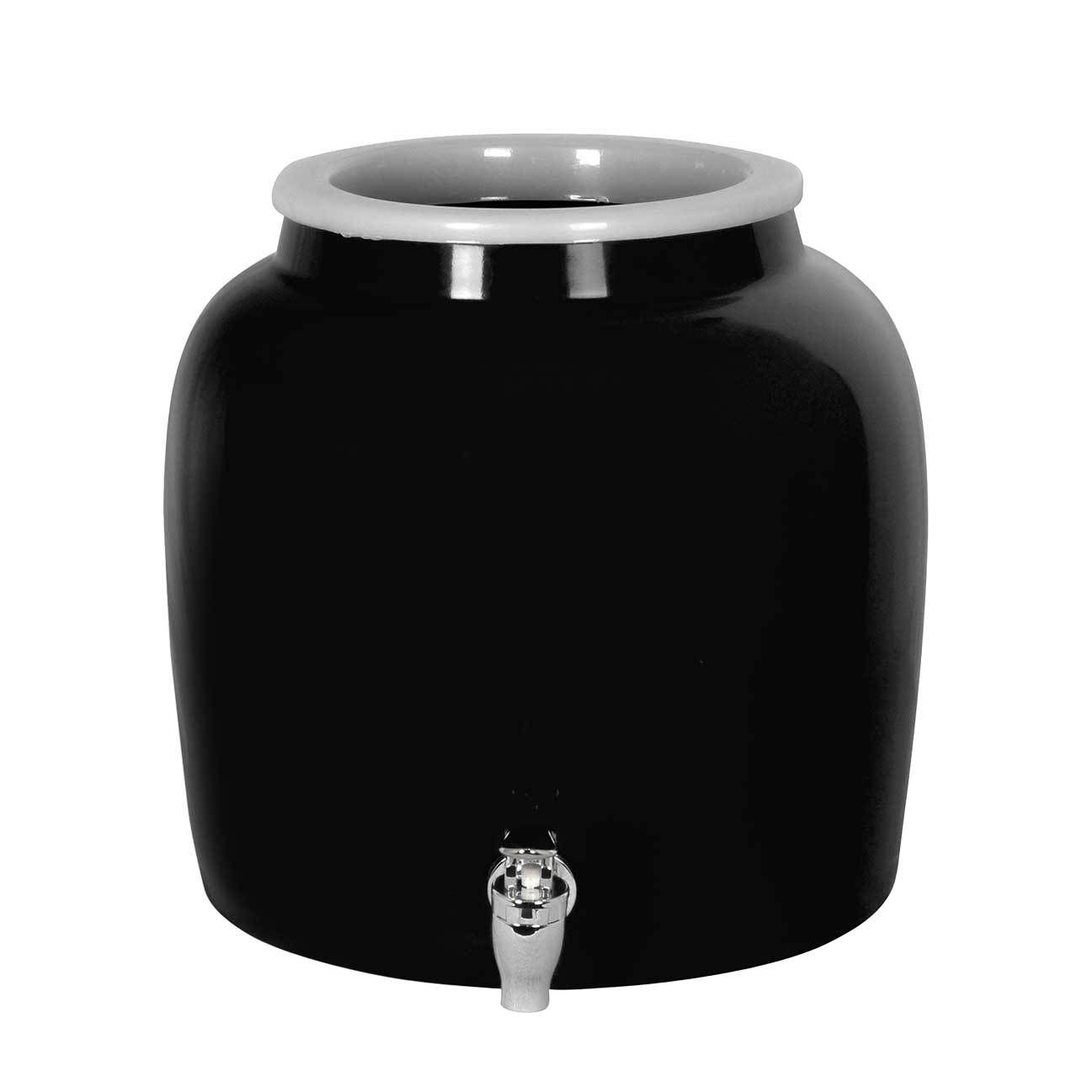 The GEO Porcelain Ceramic Crock Water Dispenser in black features a white rim and a silver spigot, ideal for use with your BPA-free 5-gallon water bottle.
