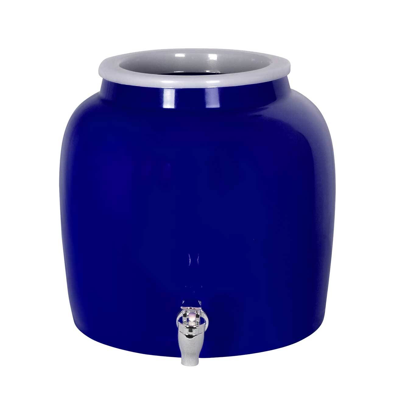 The GEO Porcelain Ceramic Crock Water Dispenser in blue features a white-rimmed top, silver spigot, fits 5-gallon bottles, and is made from BPA-free materials.