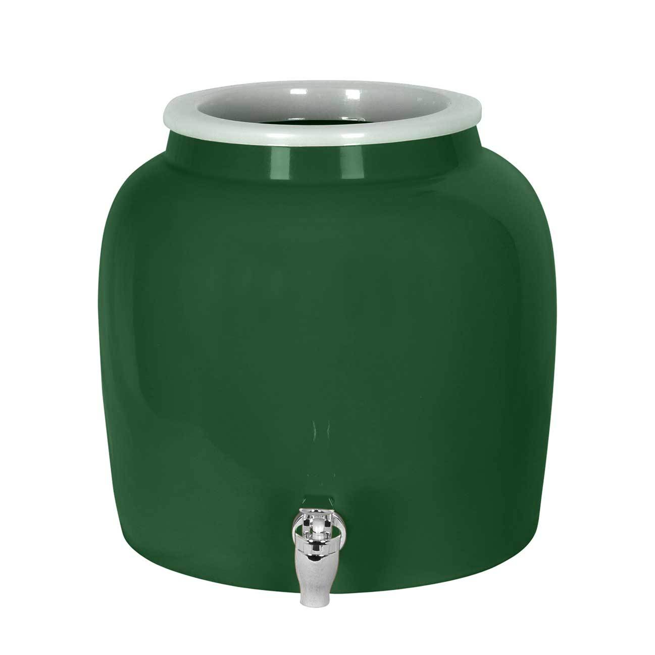 The GEO Porcelain Ceramic Crock Water Dispenser—BPA-free with a rounded shape, white top rim, and silver spigot—is ideal for use with 5-gallon water bottles and comes in multiple colors.
