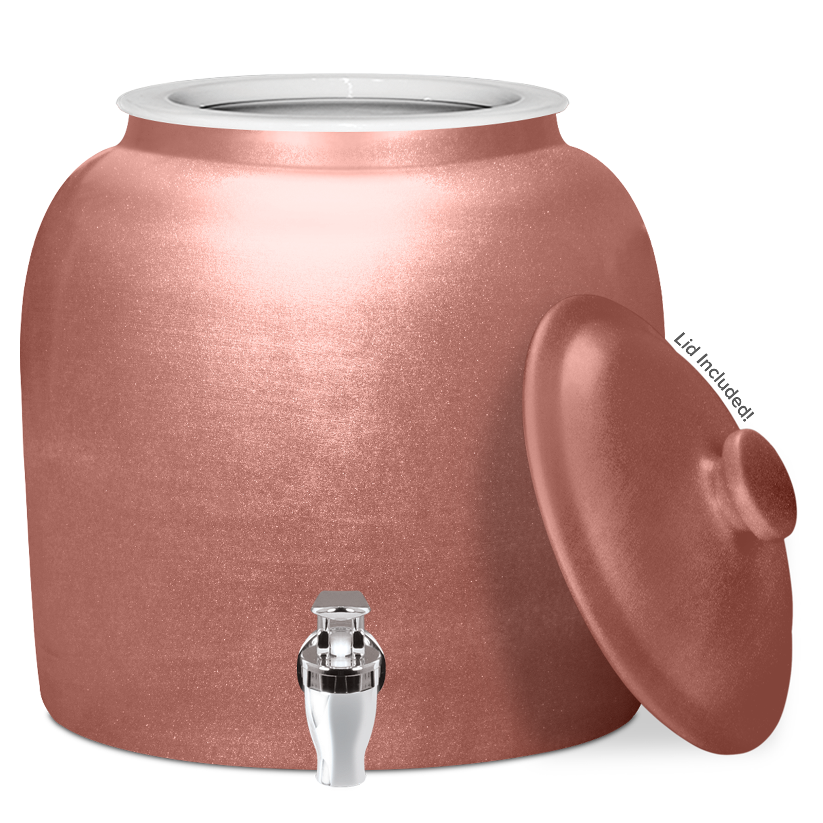 The GEO Ceramic Crock Water Dispenser in rose gold polished porcelain features a shiny metal spigot, matching lid (labeled "Lid Included!"), and is made from BPA-free materials for safe beverage storage.
