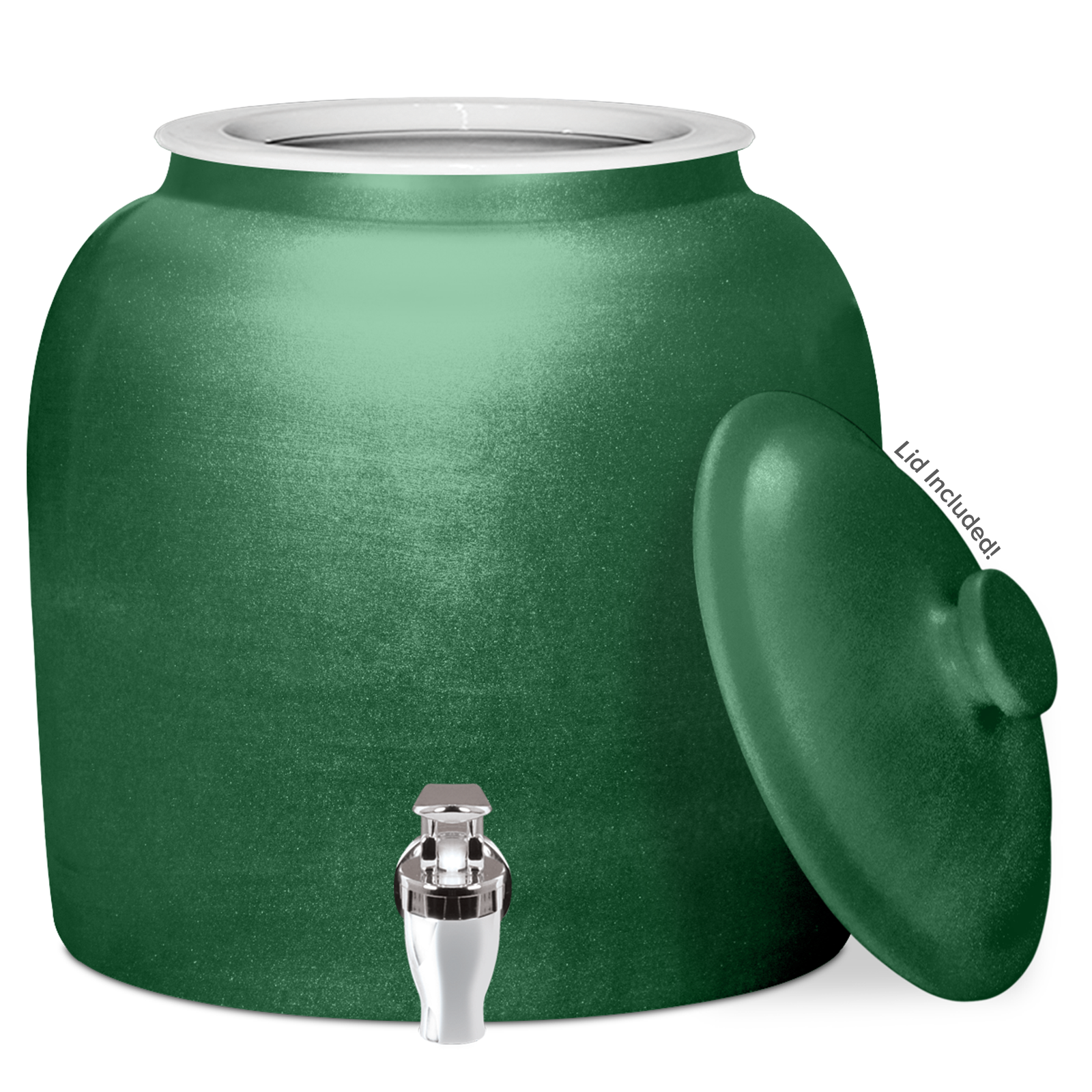 The GEO Ceramic Crock Water Dispenser – Polished Porcelain is a large green BPA-free unit featuring a silver front spigot and a matching lid (labeled "Lid Included!") resting against the side.