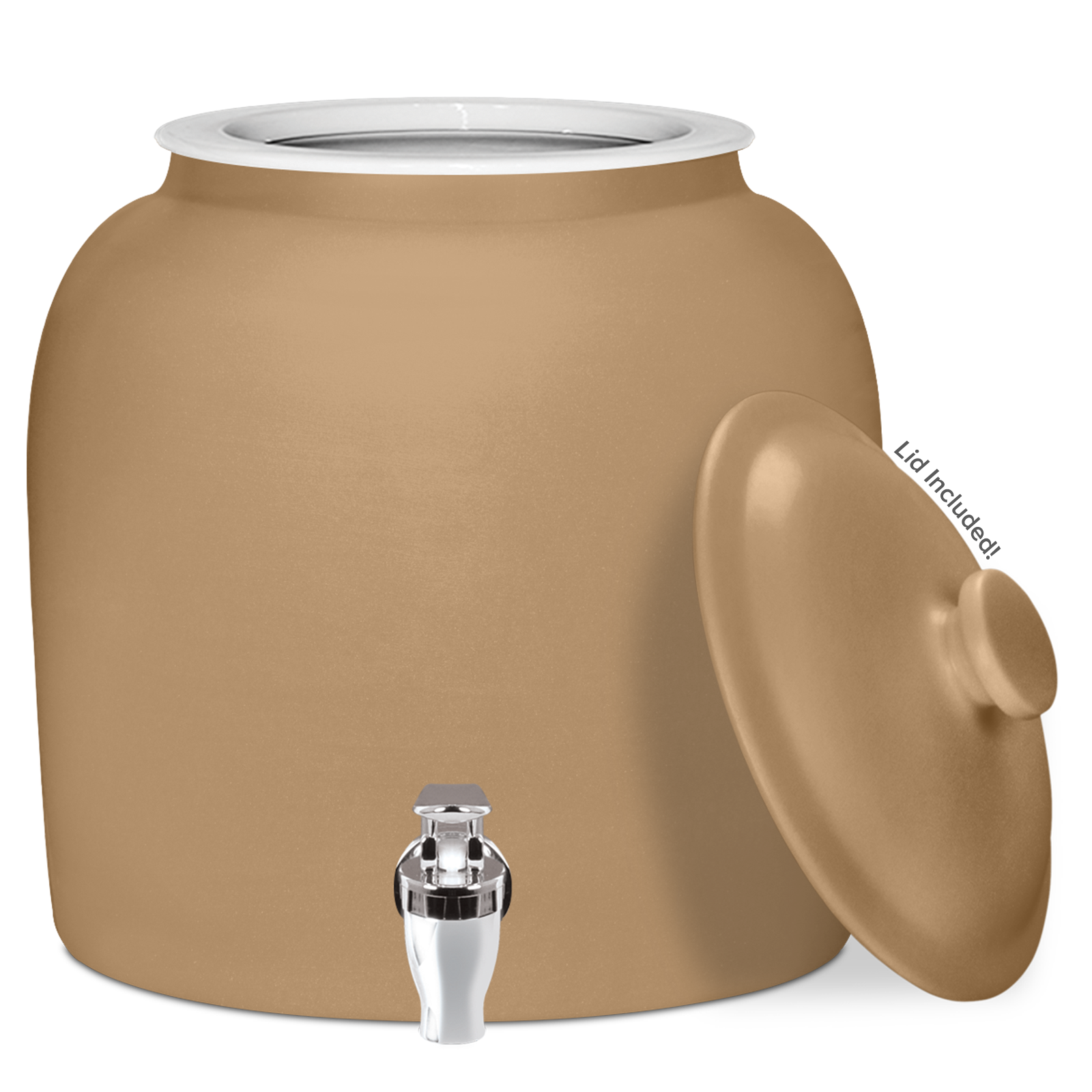 The GEO Ceramic Crock Water Dispenser – Polished Porcelain in light brown is BPA-free, large, and round, with a shiny metal spigot and an open top. Its matching lid sits to the side, displaying "Lid Included!" on the edge.