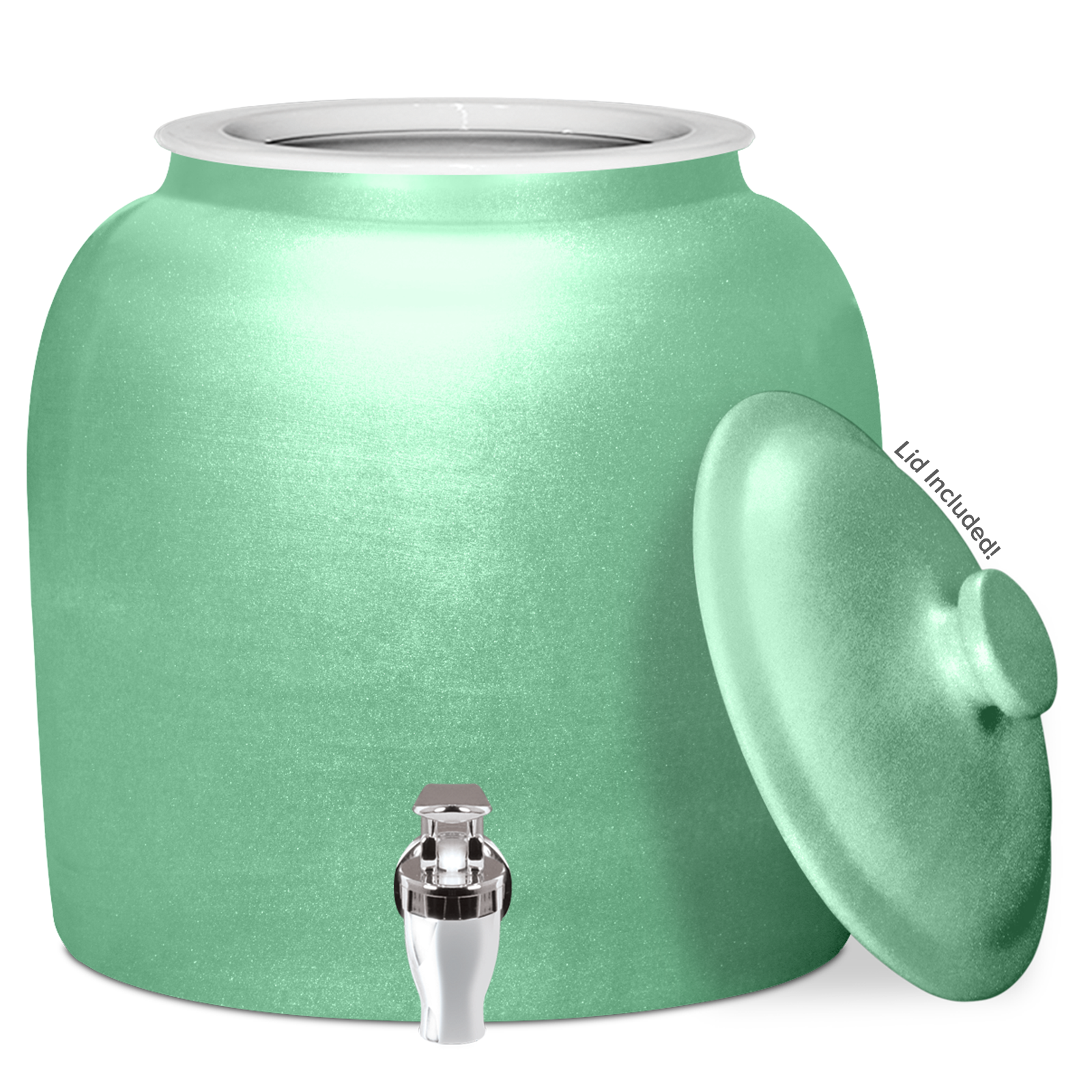 The GEO Ceramic Crock Water Dispenser – Polished Porcelain is a large, light green ceramic dispenser featuring a stainless steel spigot and a matching BPA-free lid with handle. A note says, “Lid Included!”.