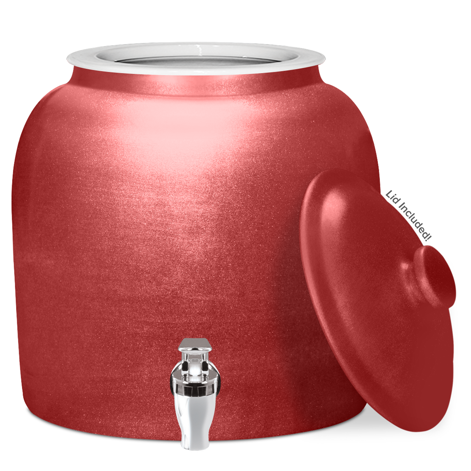 The GEO Ceramic Crock Water Dispenser – Polished Porcelain features a shiny red finish, metal spigot, matching removable lid labeled "Lid Included!" and smooth, rounded BPA-free design for stylish hydration.