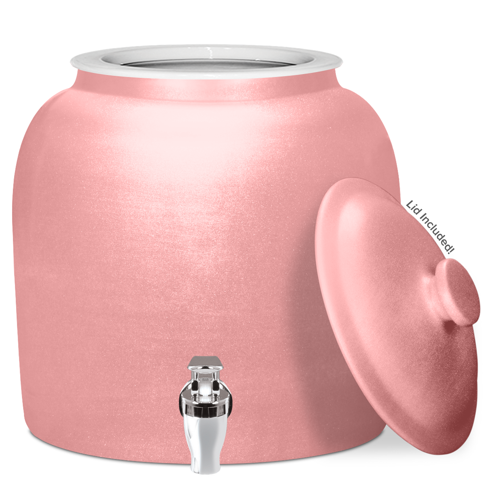 The GEO Ceramic Crock Water Dispenser – Polished Porcelain is a large, glossy pink ceramic dispenser with a silver spigot and matching lid that reads "Lid Included!" Its BPA-free design ensures both stylish looks and safety for your countertop.