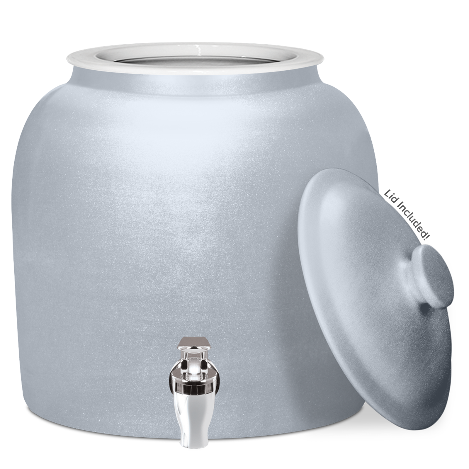 The GEO Ceramic Crock Water Dispenser – Polished Porcelain, in large light gray ceramic, features a metal spigot and matching lid (marked "Lid Included!"). Its BPA-free design ensures safe hydration.
