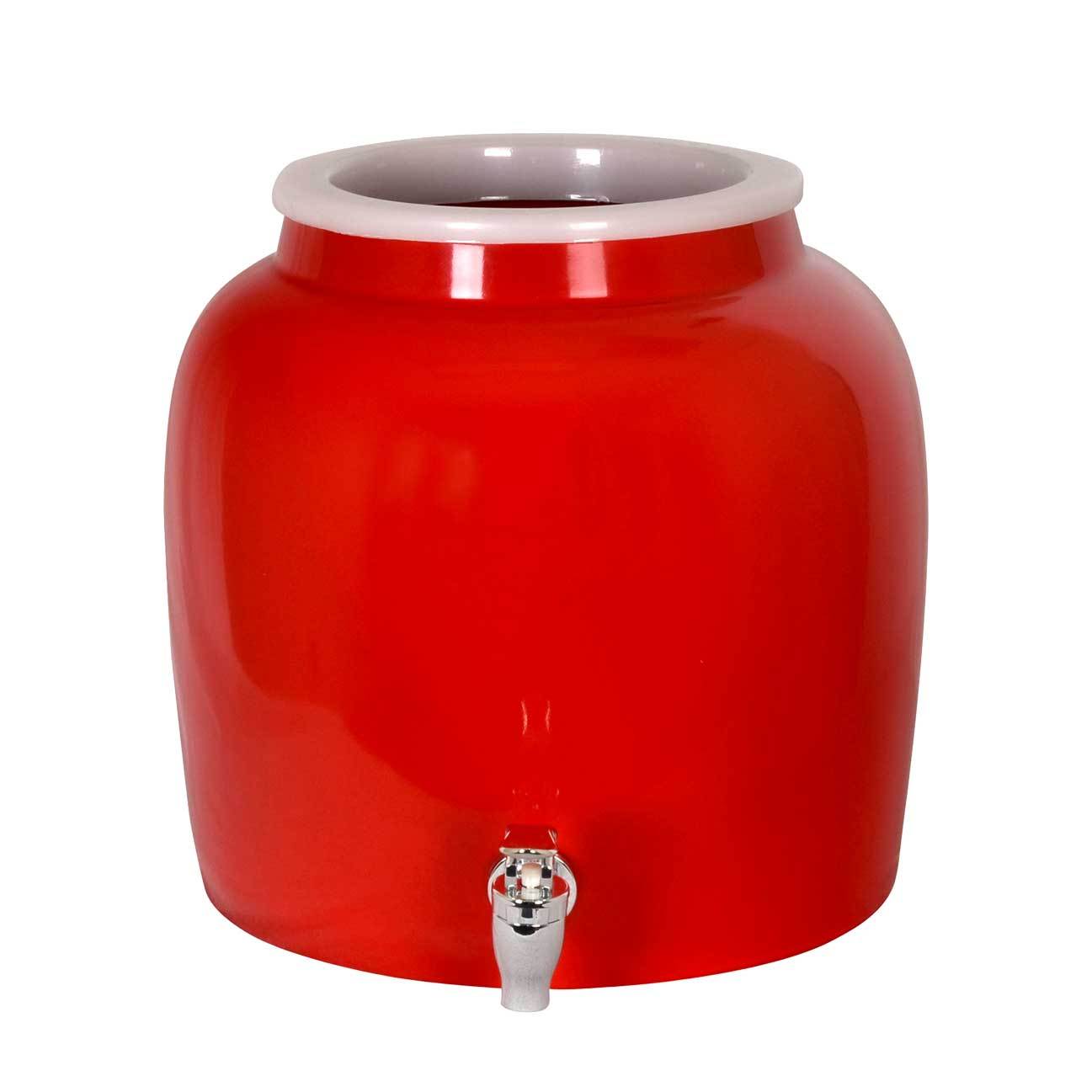 The GEO Porcelain Ceramic Crock Water Dispenser in glossy red features a wide open top, a silver spigot, and BPA-free ceramic—perfect for serving drinks. Shown against a white background.