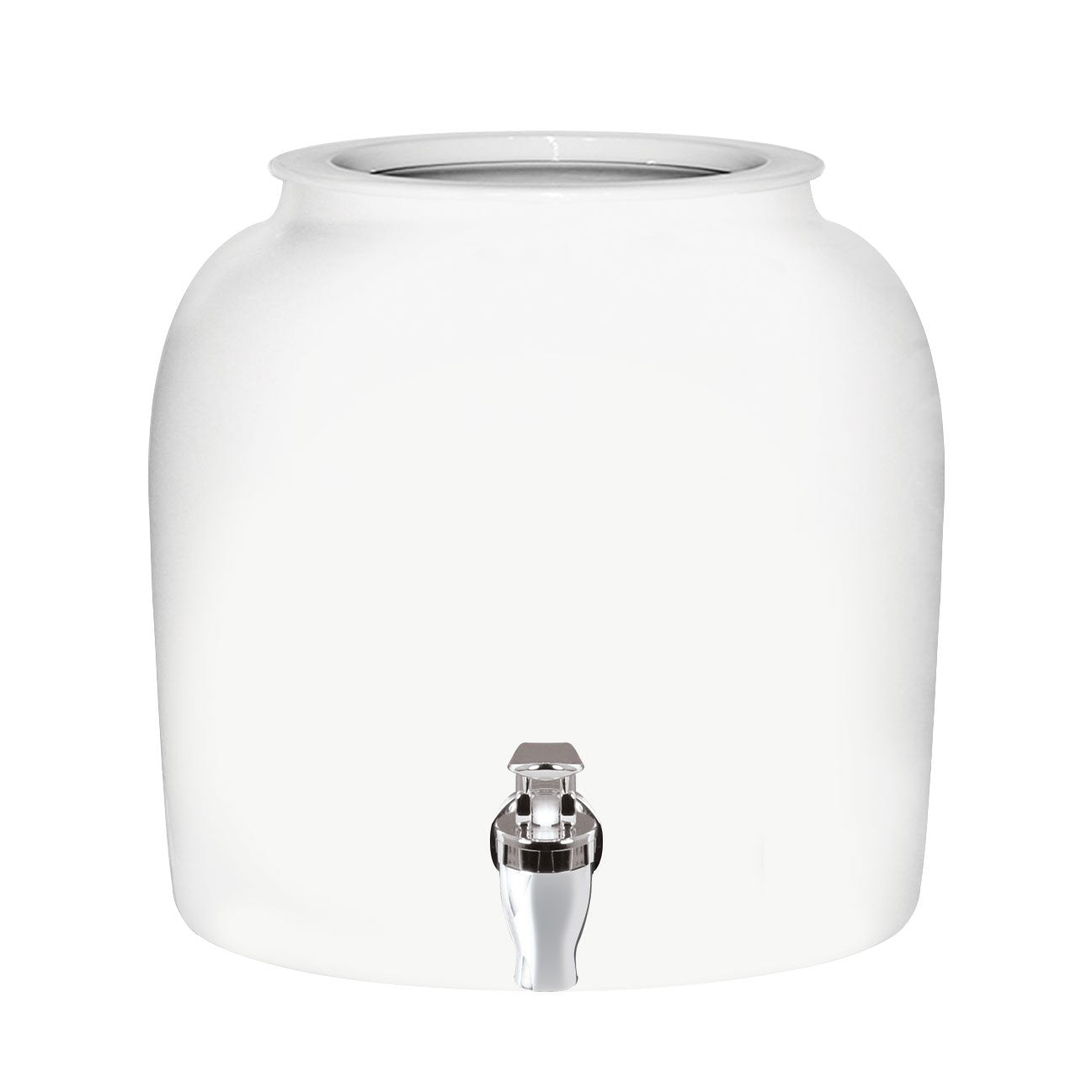 The GEO Porcelain Ceramic Crock Water Dispenser in white fits a 5-gallon water bottle, features a silver spigot at the bottom, and is shown against a plain white background.