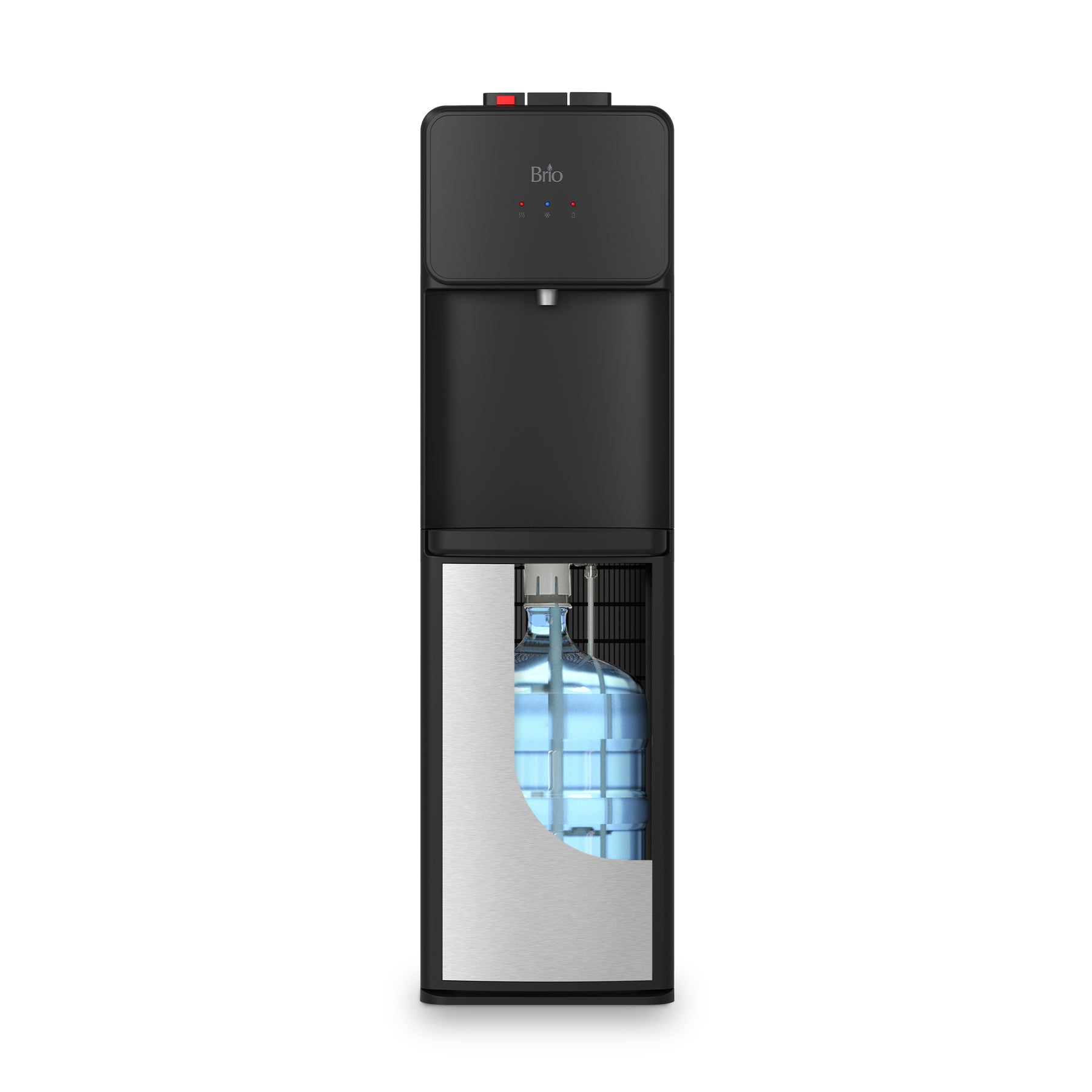 A black and silver Brio 130 Series Bottom Load Water Cooler with a stainless steel accent panel, LED indicator lights, and a visible water bottle.