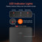 Diagram showing LED indicator lights for hot water, cold water, and bottle status on the Stainless Steel Bottom Load Water Cooler - 130 Series. Highlights a red child safety lock for safe two-step hot water dispensing and tri-temperature functions.