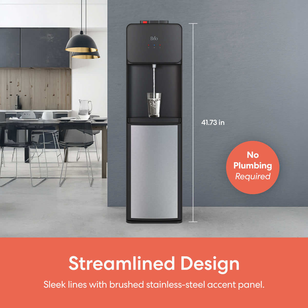 The Stainless Steel Bottom Load Water Cooler - 130 Series in black and silver stands in a kitchen as a glass fills. Text reads: 41.73 in, No Plumbing Required, Streamlined Design with brushed stainless-steel accent panel.