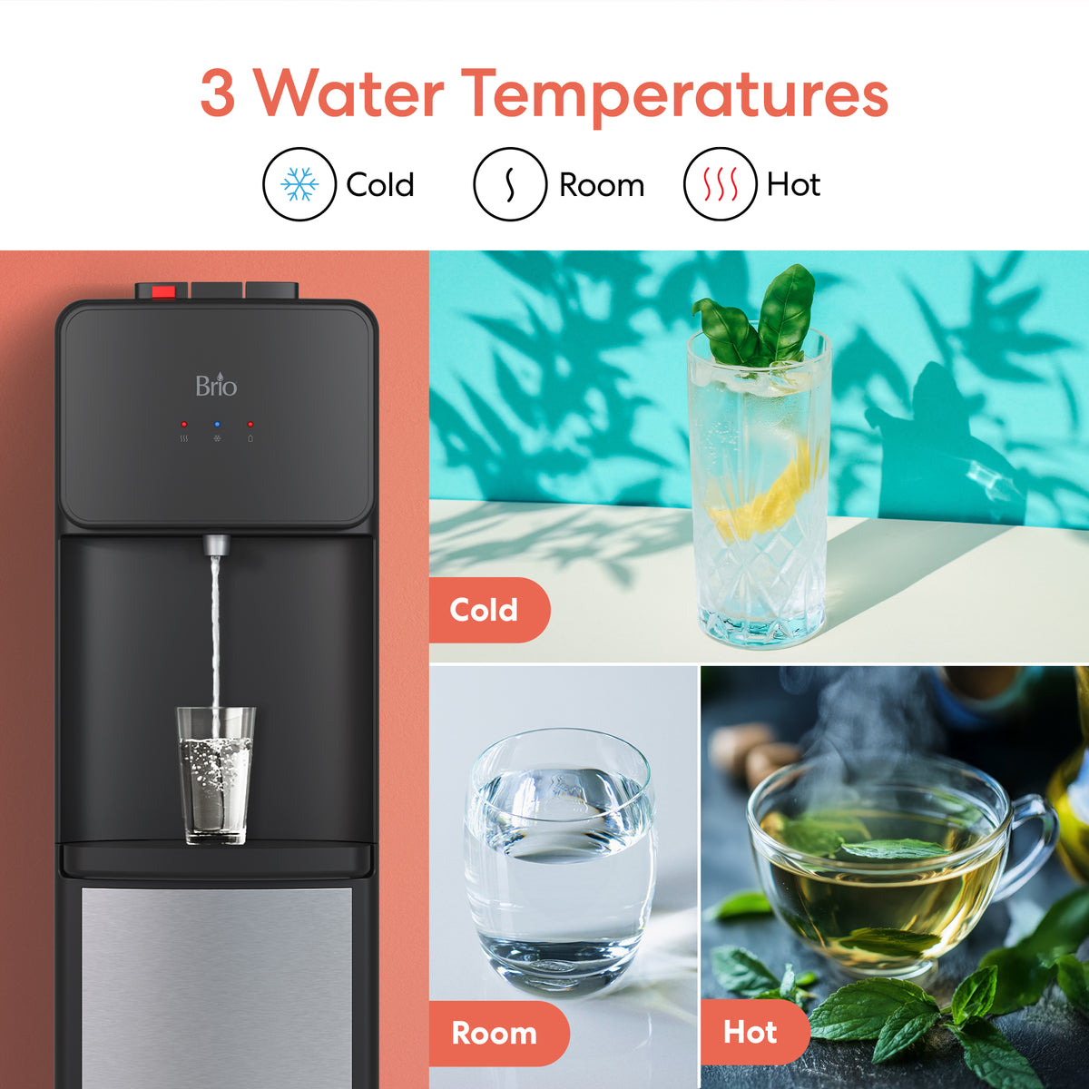 The Stainless Steel Bottom Load Water Cooler - 130 Series dispenses cold, room temp, and hot water with tri-temperature icons. Enjoy ice water or hot tea—conveniently served from a 5-gallon bottle.